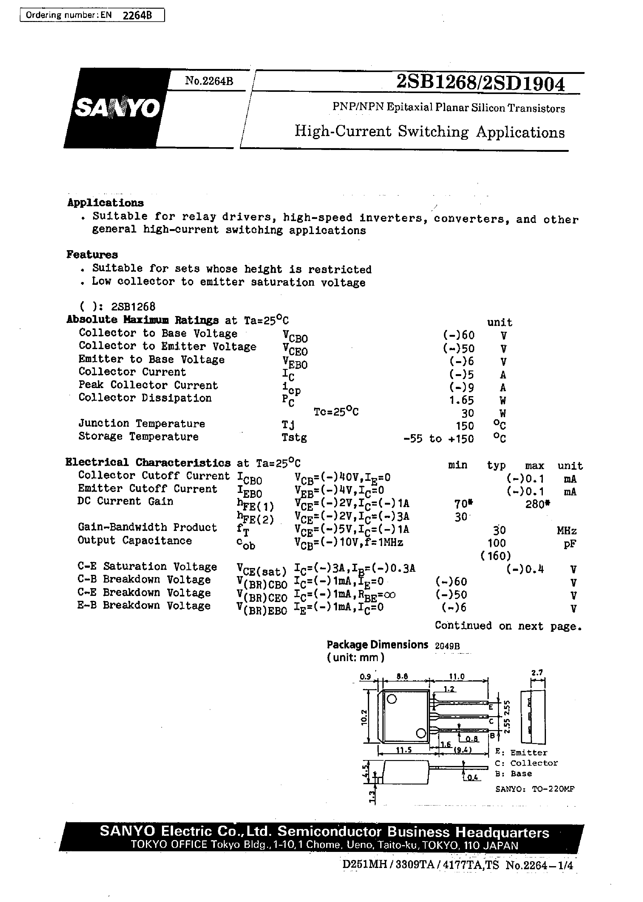 Datasheet 2SD1904 - High-Current Switching Applications page 1