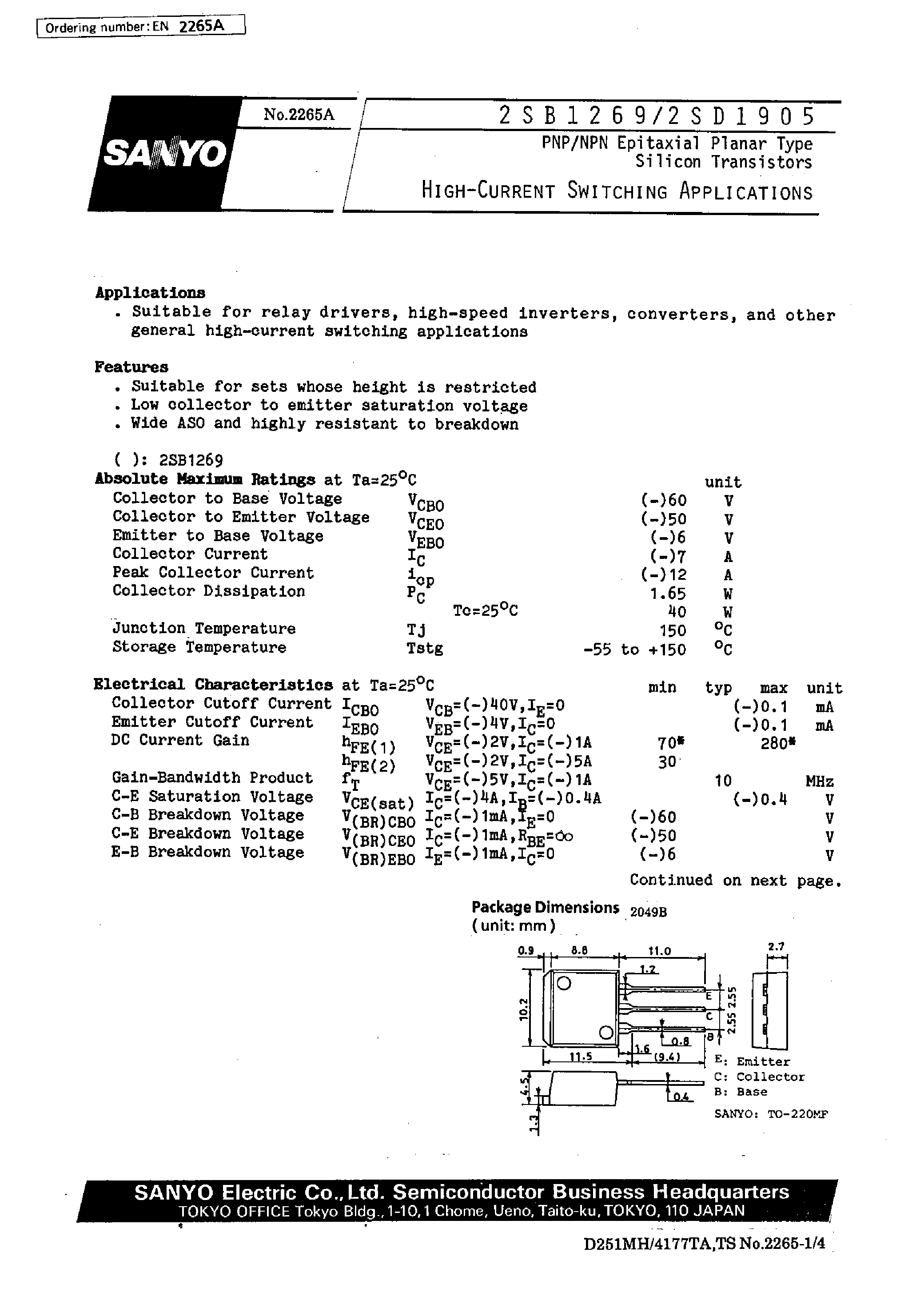 Datasheet 2SD1905 page 1 Datasheet 2SD1905 - High-Current Switching Applications page 1