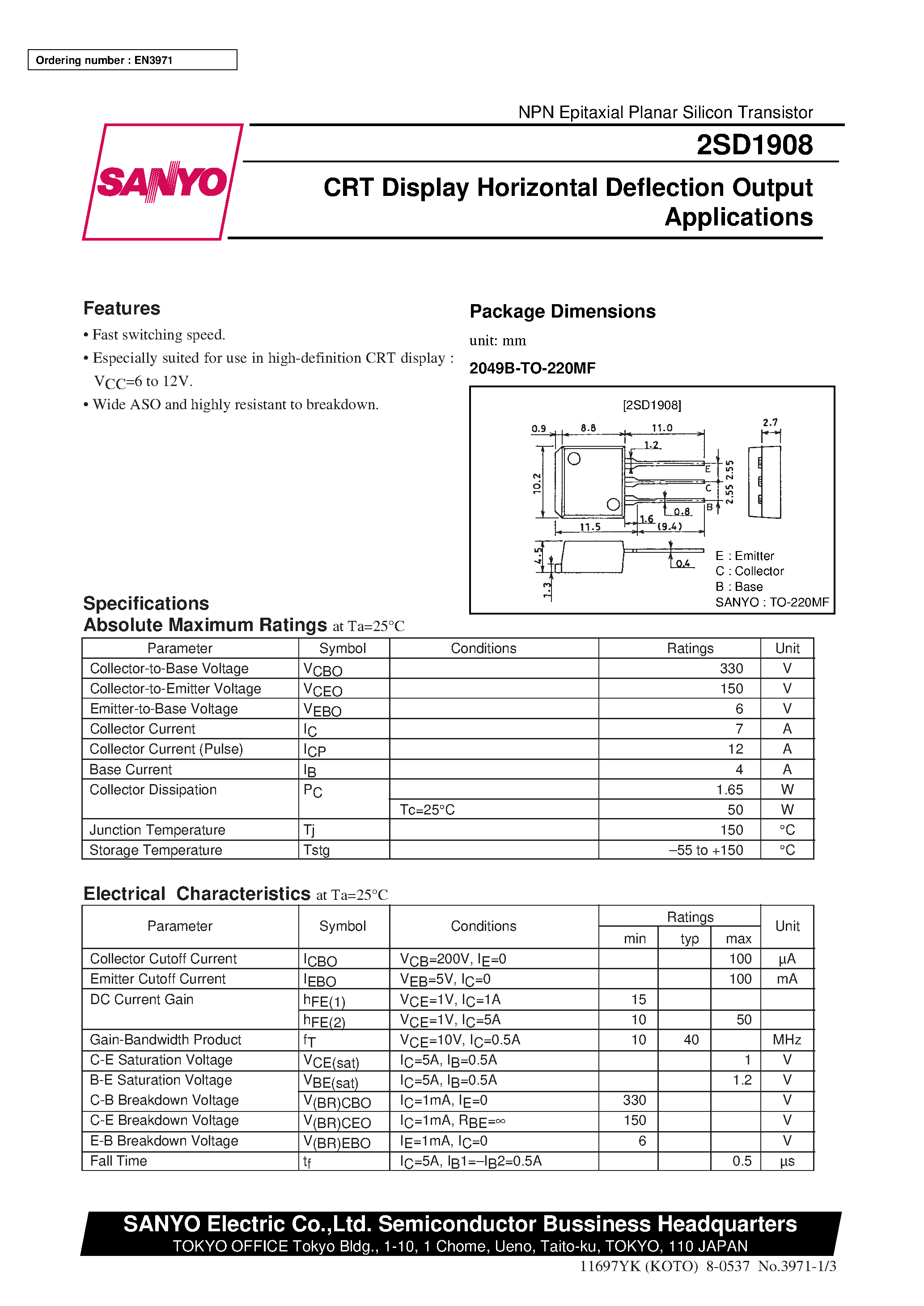 Datasheet 2SD1908 page 1 Datasheet 2SD1908 - CRT Display Horizontal Deflection Output Applications page 1