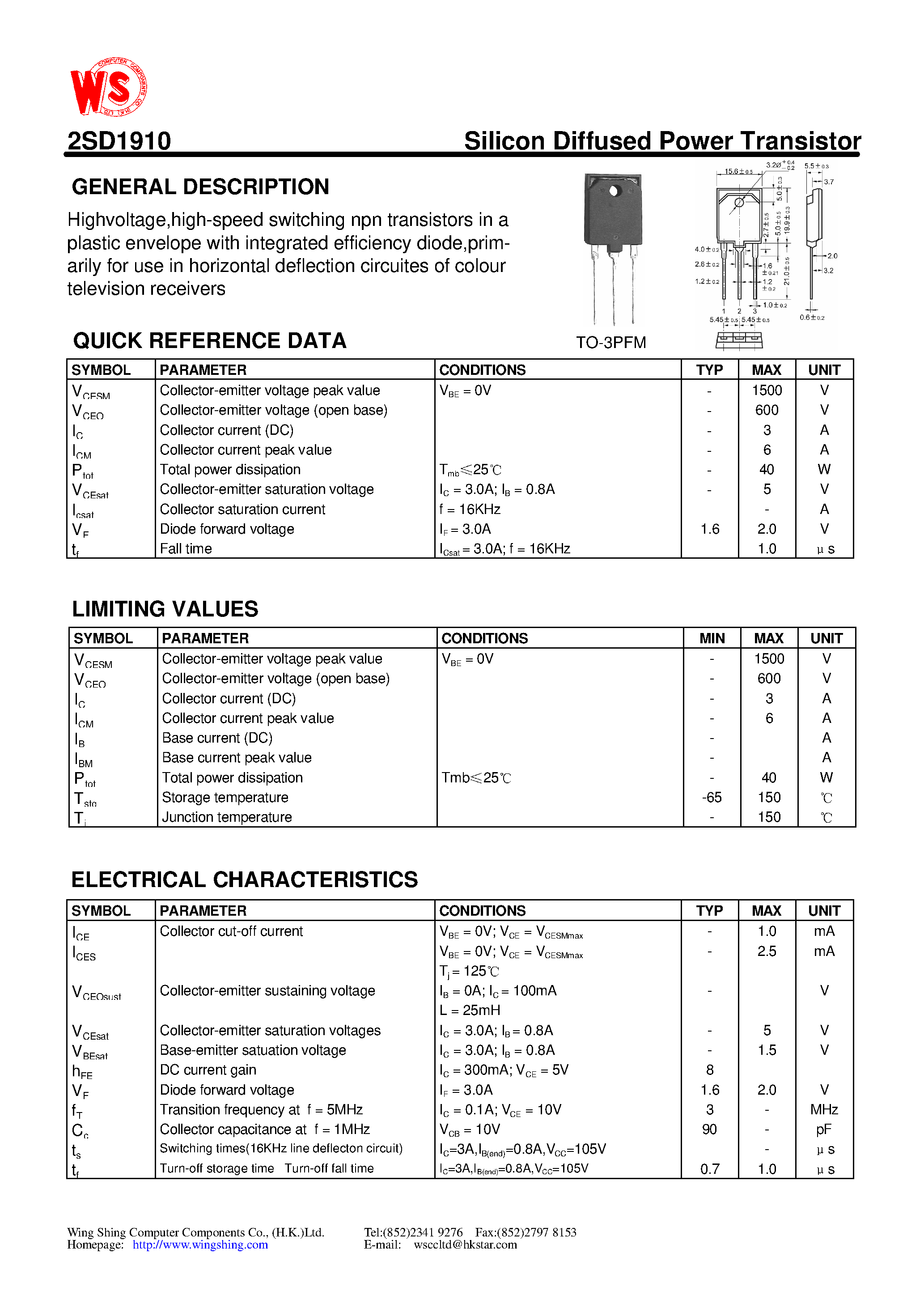 Datasheet 2SD1910 - Silicon Diffused Power Transistor(GENERAL DESCRIPTION) page 1