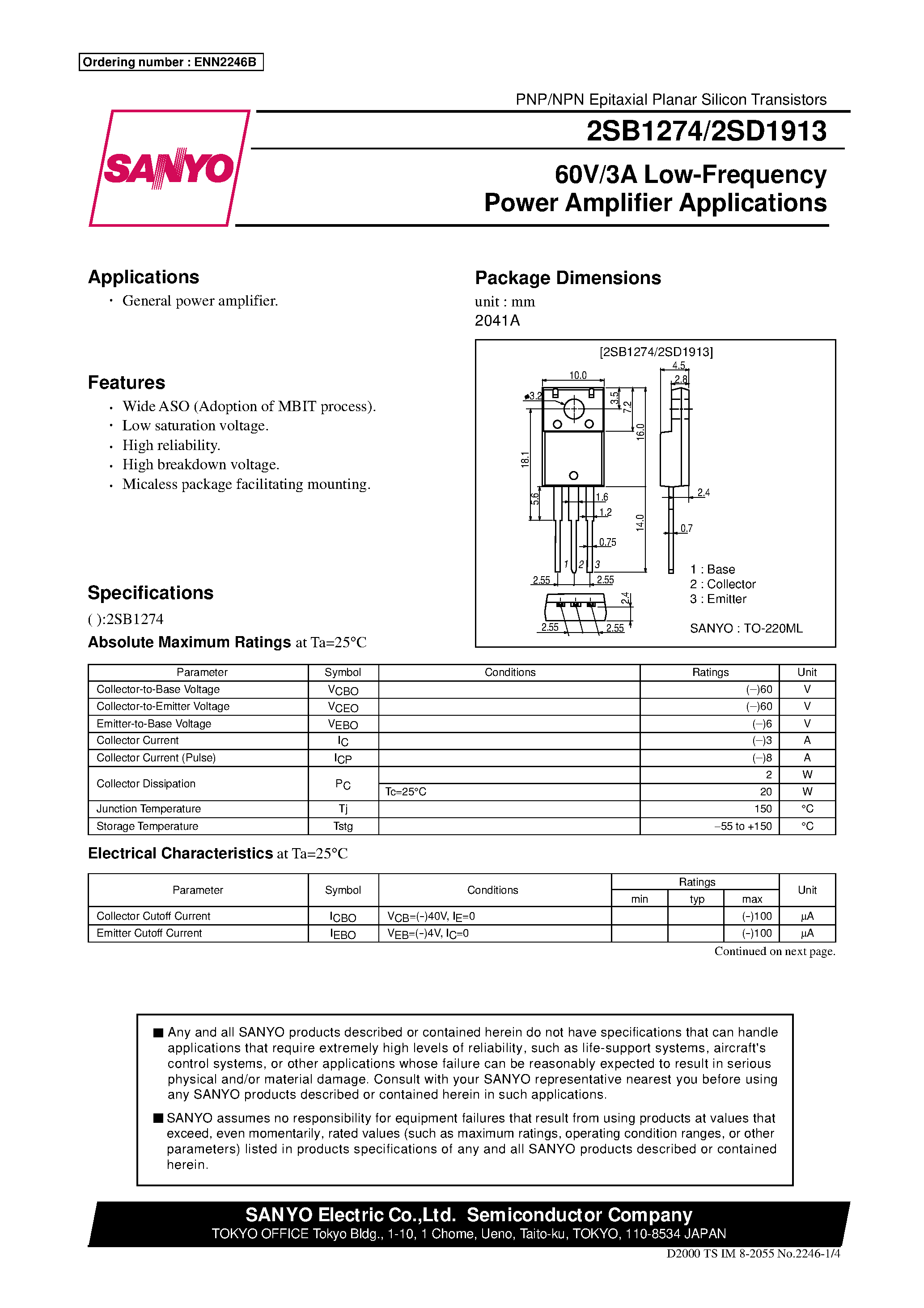 Datasheet 2SD1913 page 1 Datasheet 2SD1913 - 60V/3A Low-Frequency Power Amplifier Applications page 1