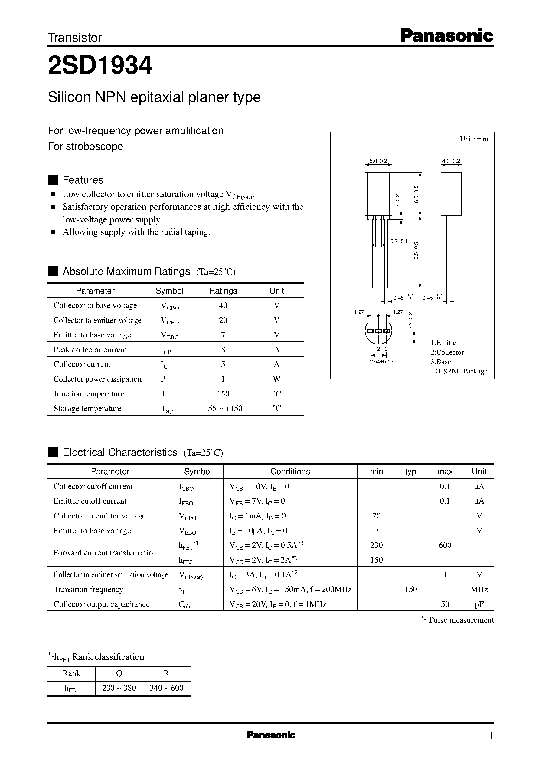 Datasheet 2SD1934 page 1 Datasheet 2SD1934 - Silicon NPN epitaxial planer type(For low-frequency power amplification) page 1