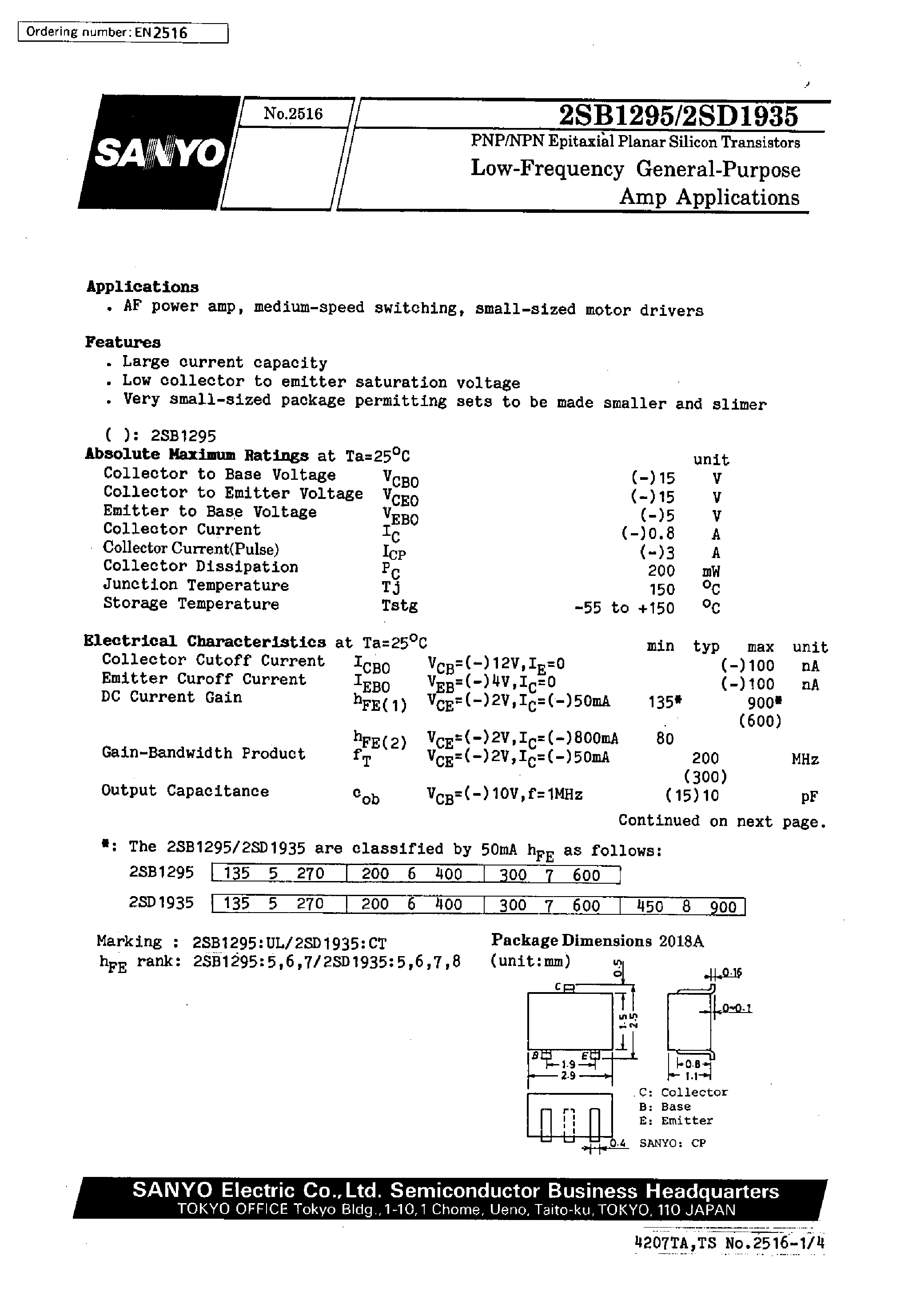 Datasheet 2SD1935 - Low-Frequency General-Purpose Amp Applications page 1