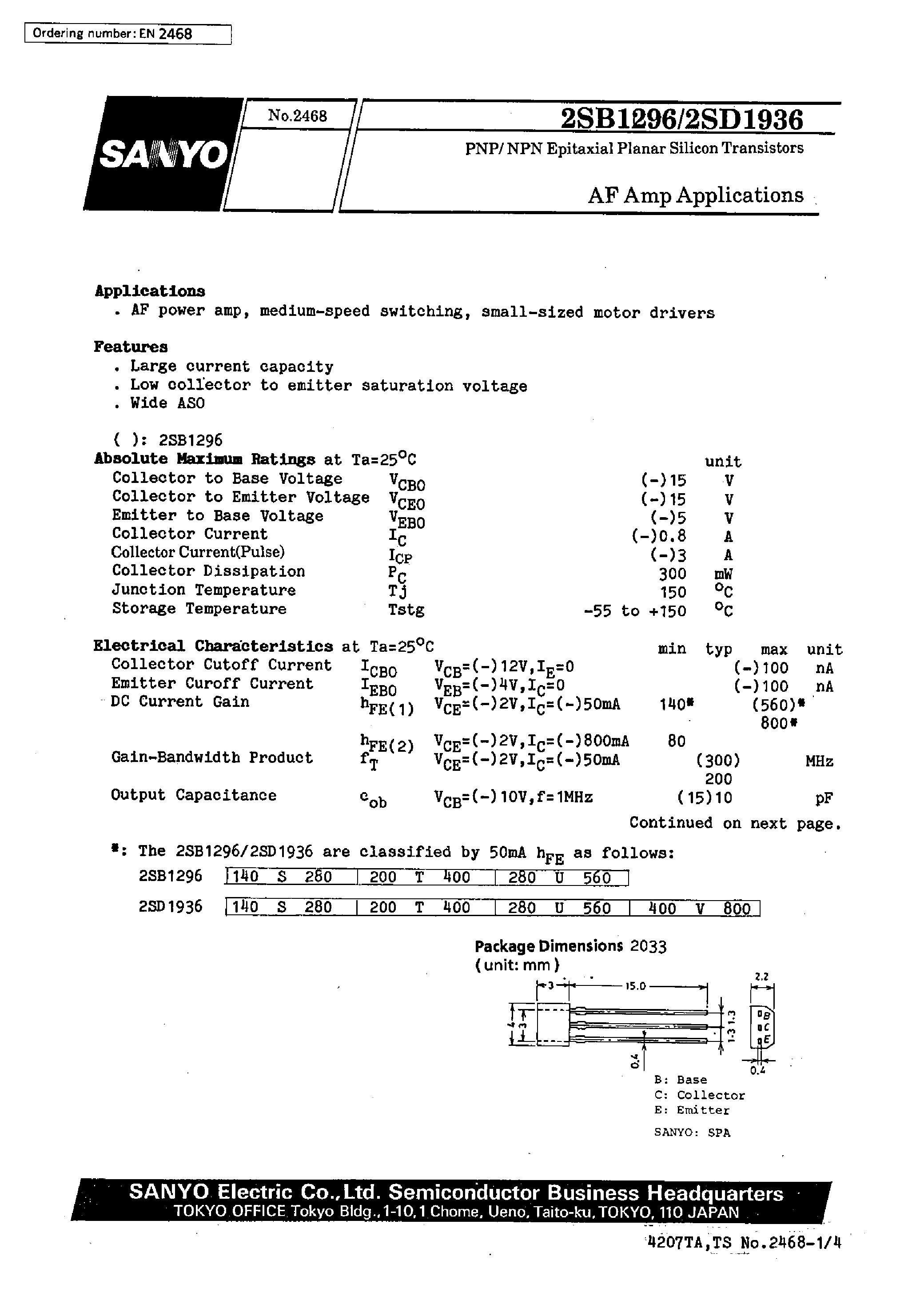 Datasheet 2SD1936 - AF Amp Applications page 1