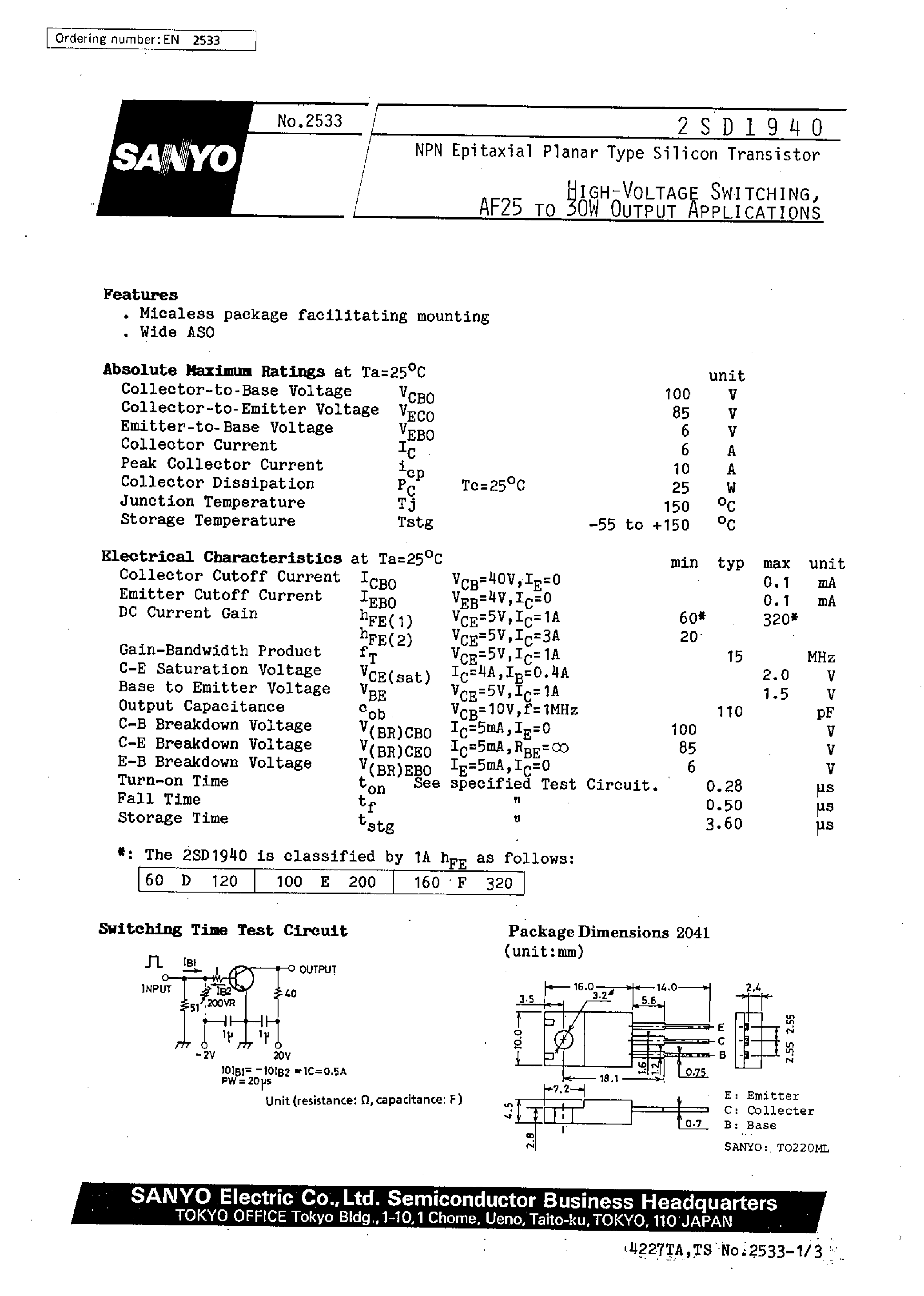 Datasheet 2SD1940 - High-Voltage Switching/ AF25 to 30W Output Applications page 1