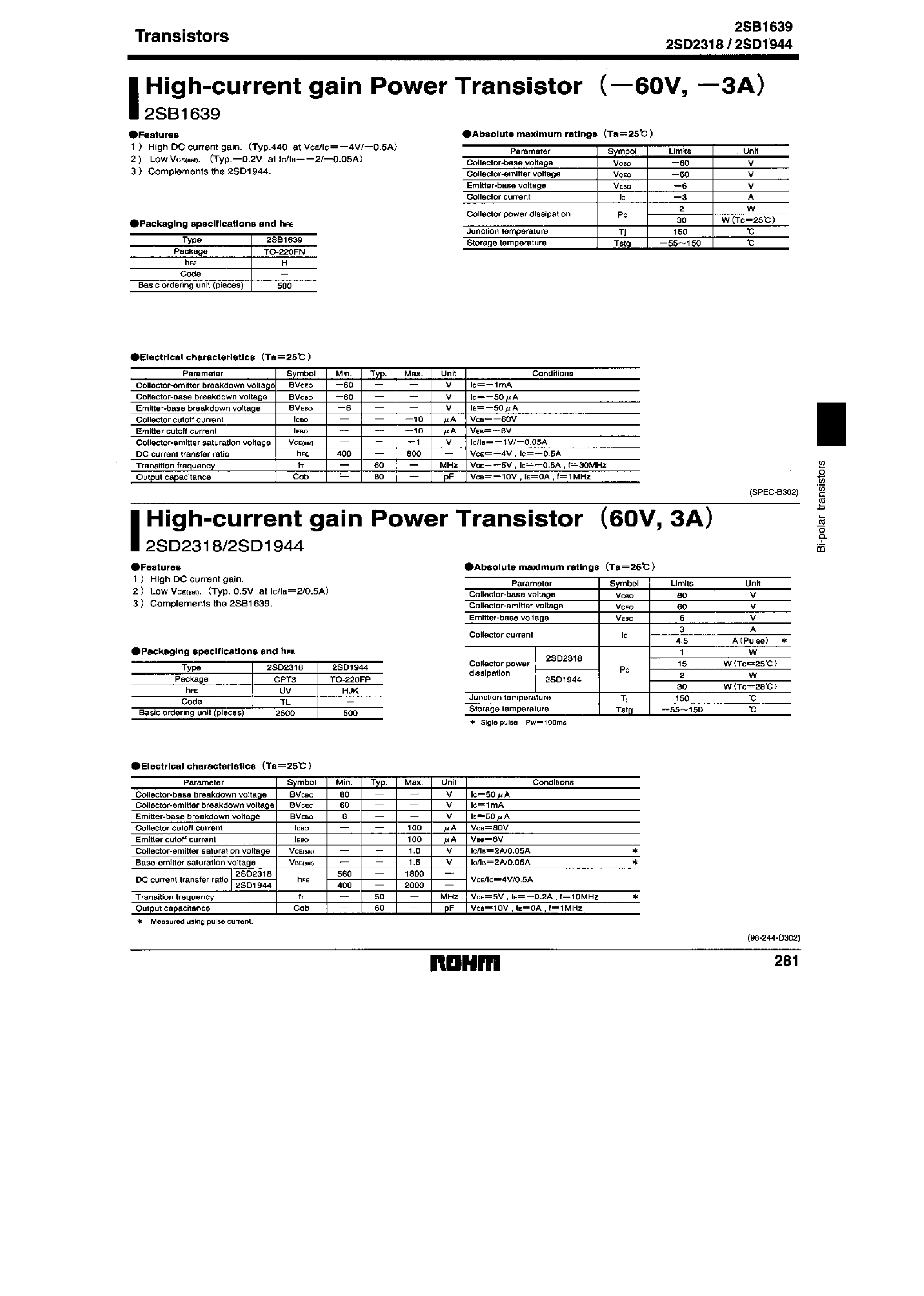 Datasheet 2SD1944 - High-current gain Power Transistor (-60V/ -3A) page 1