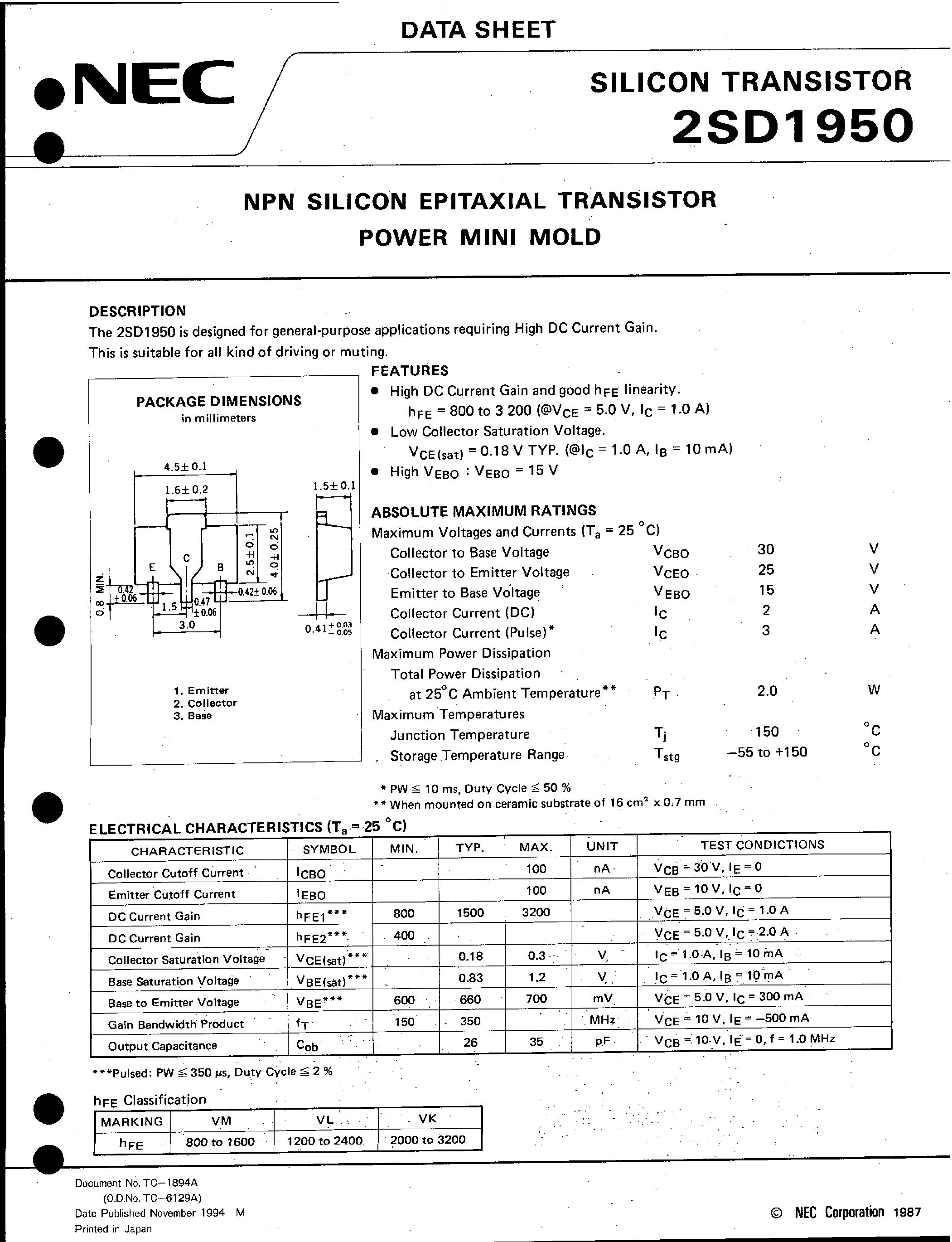 Datasheet 2SD1950 page 1 Datasheet 2SD1950 - NPN SILICON EPITAXIAL TRANSISTOR POWER MINI MOLD page 1