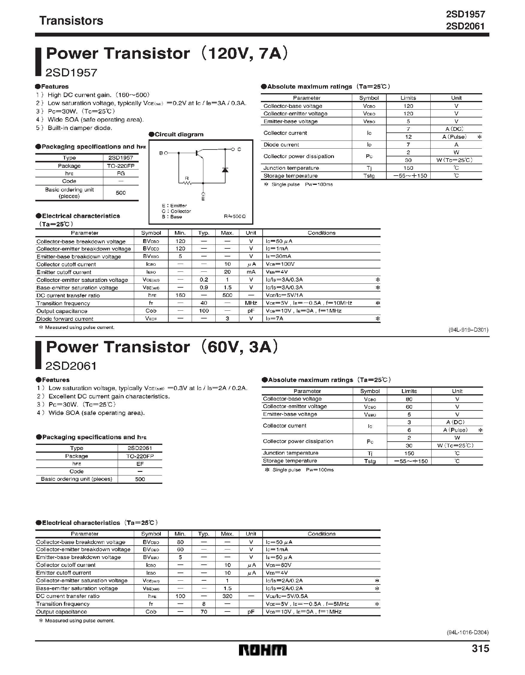 Datasheet 2SD1957 page 1 Datasheet 2SD1957 - Power Transistor(120V/ 7A) page 1
