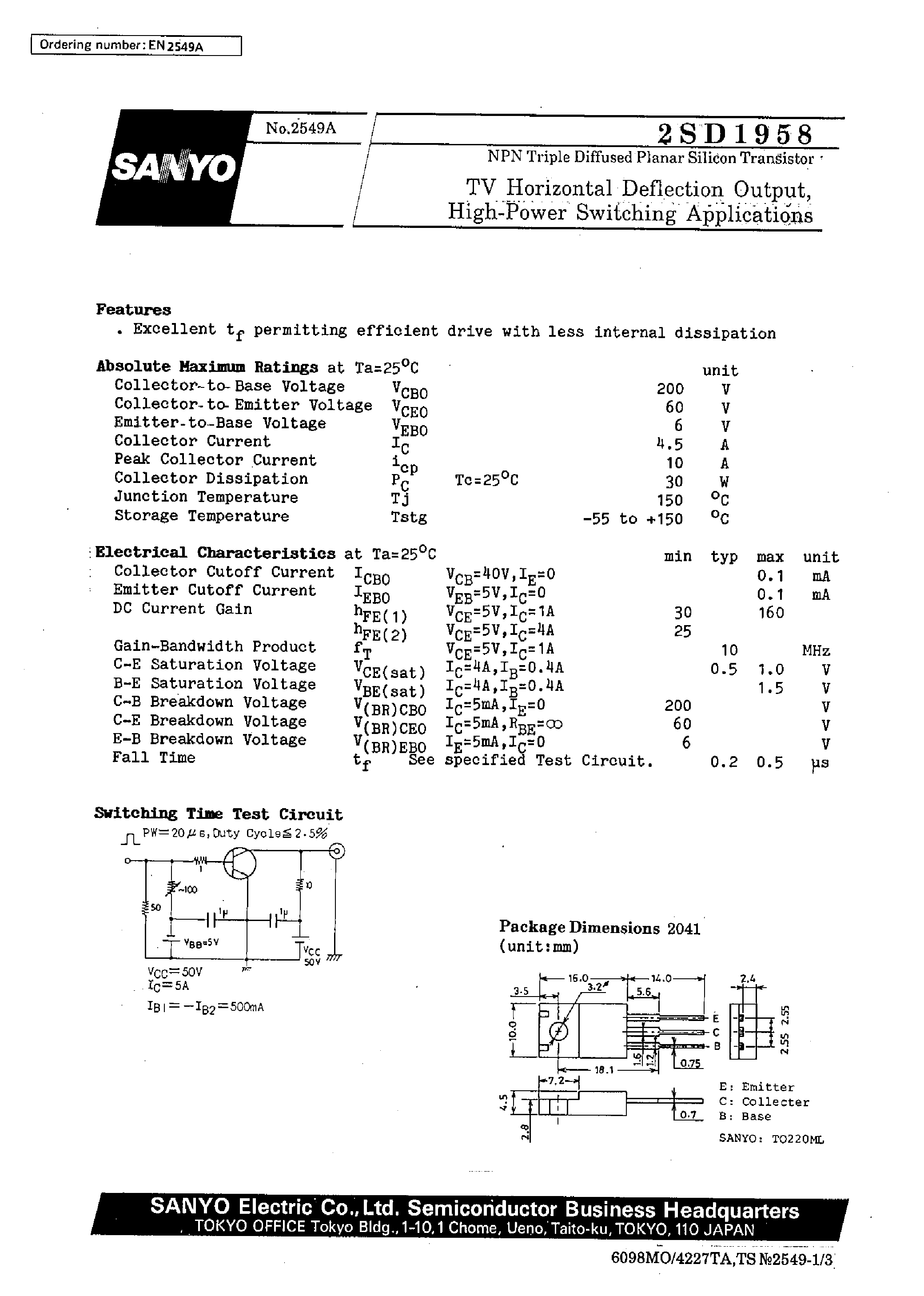 Datasheet 2SD1958 - TV Horizontal Deflection Output/ High-Power Switching Applications page 1