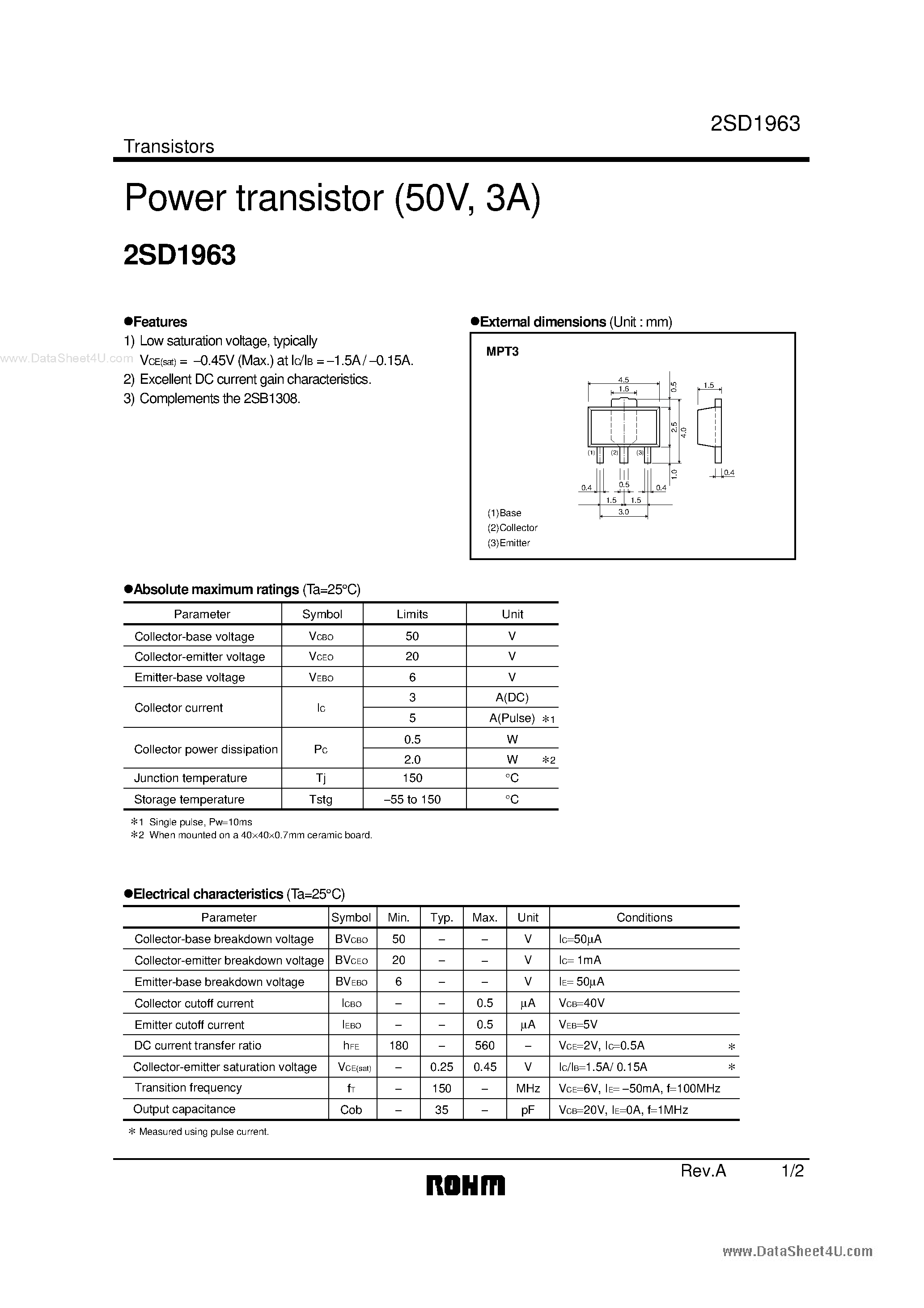 Datasheet 2SD1963 page 1 Datasheet 2SD1963 - Power Transistor (-50V/ -3A) page 1
