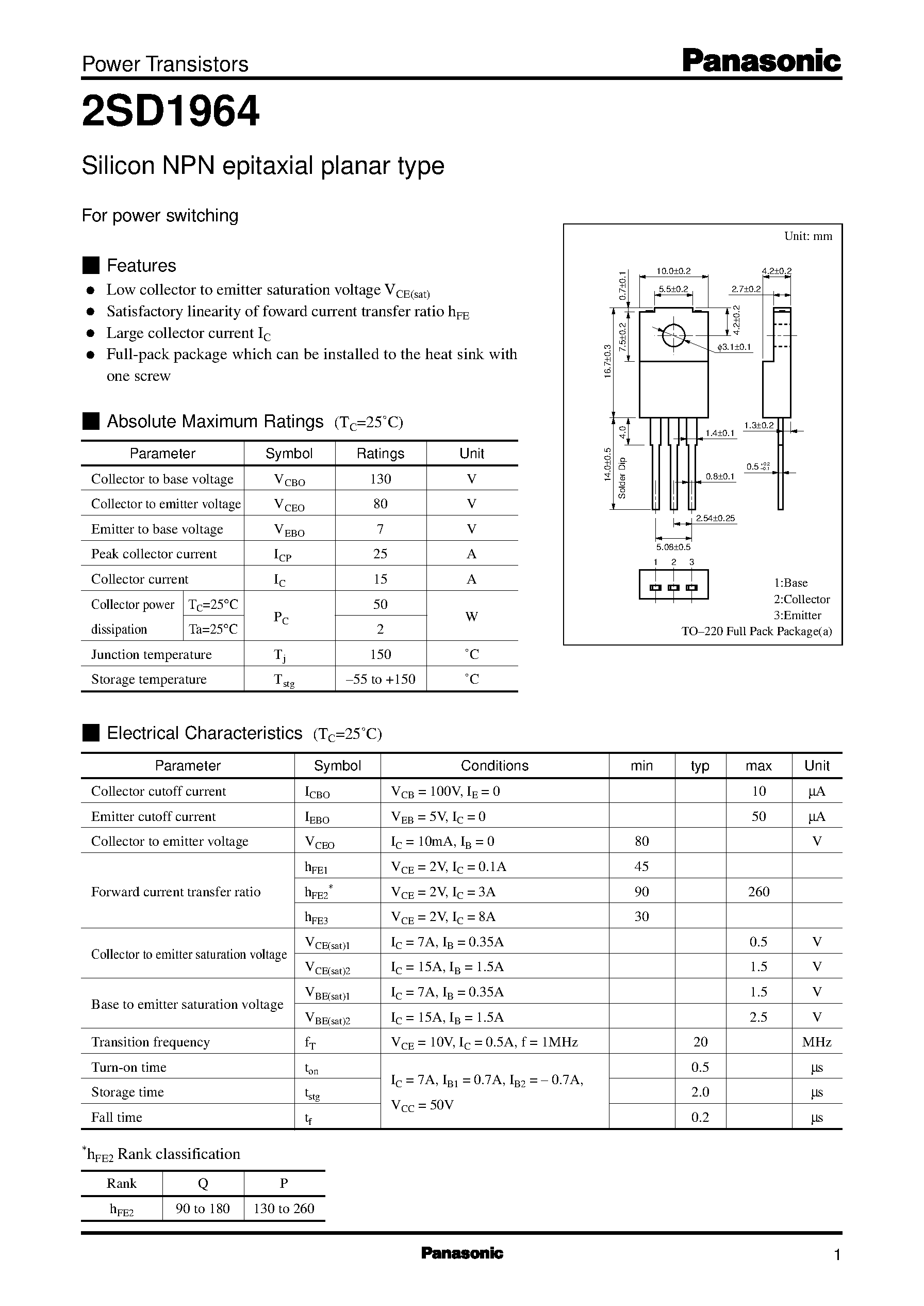 Datasheet 2SD1964 - Silicon NPN epitaxial planar type(For power switching) page 1
