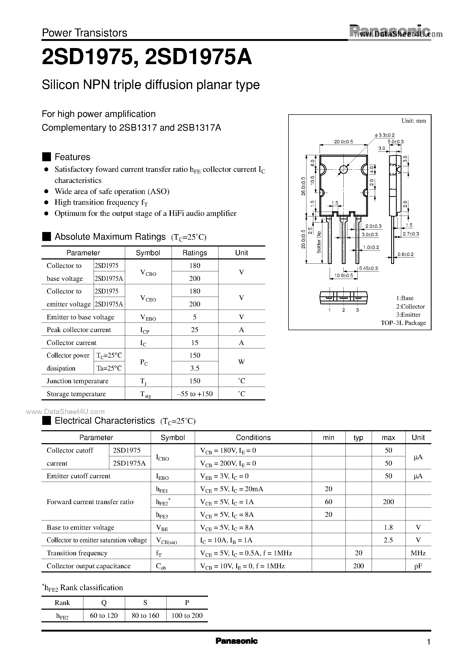 Datasheet 2SD1975A page 1 Datasheet 2SD1975A - Silicon NPN triple diffusion planar type(For high power amplification) page 1