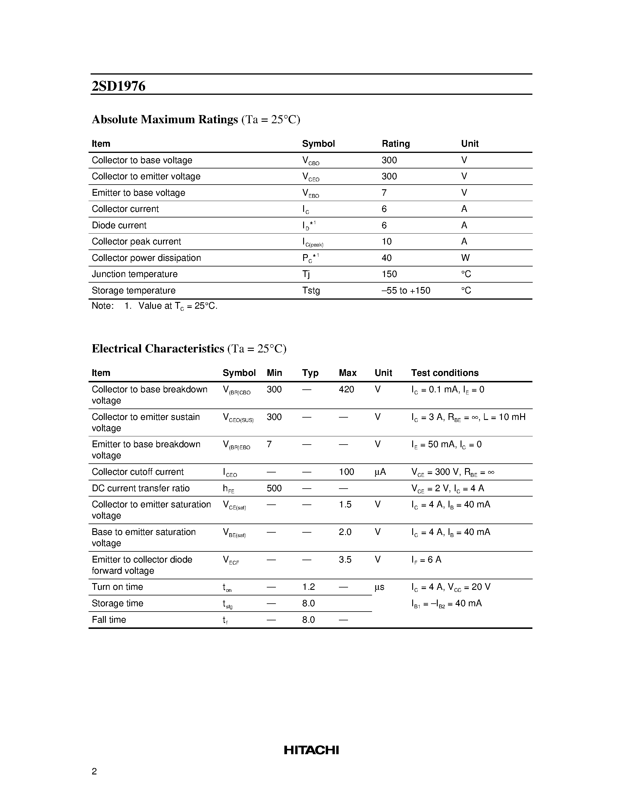 Datasheet 2SD1976 page 2 Datasheet 2SD1976 - Silicon NPN Triple Diffused page 2