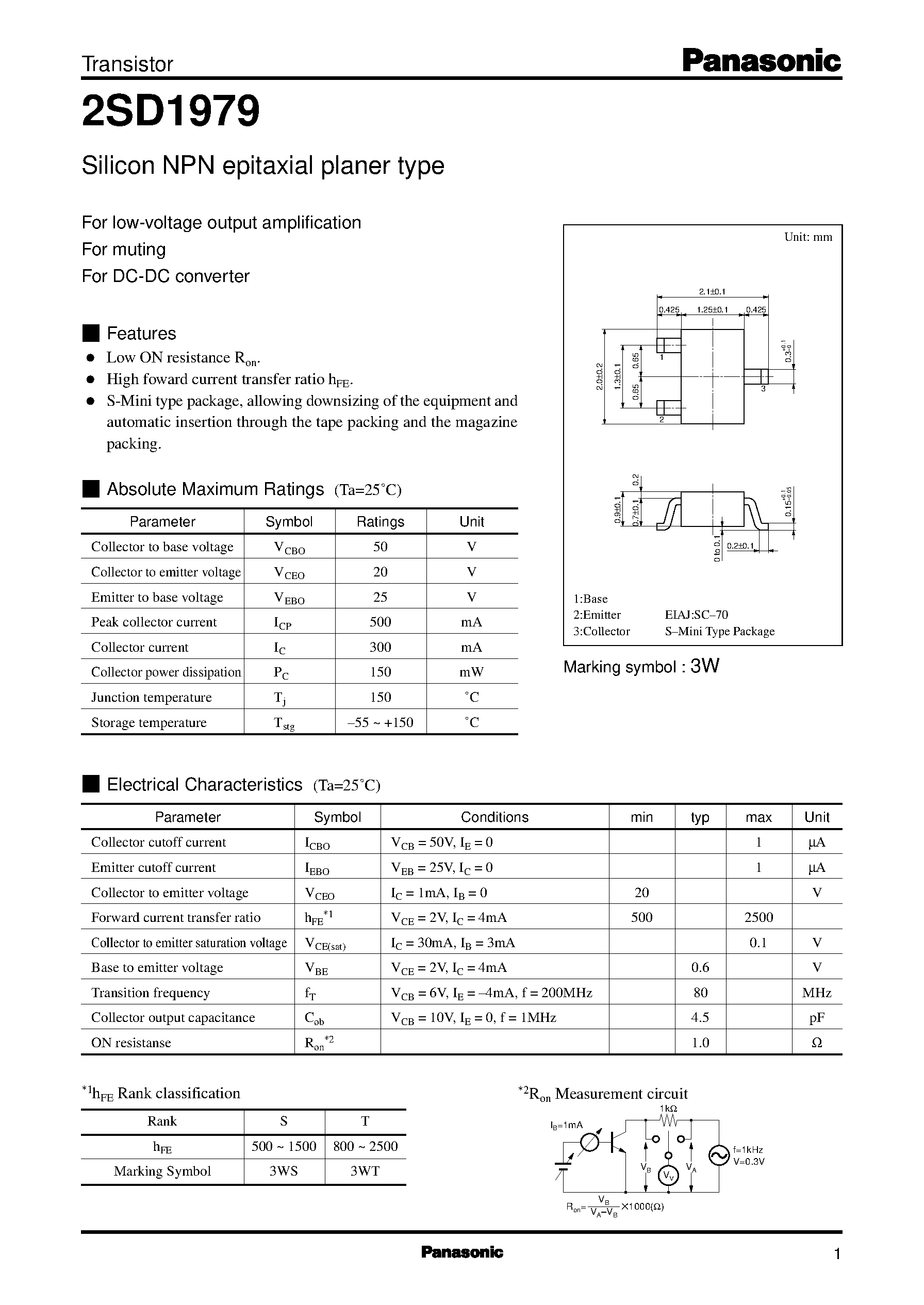 Datasheet 2SD1979 - Silicon NPN epitaxial planer type(For low-voltage output amplification) page 1
