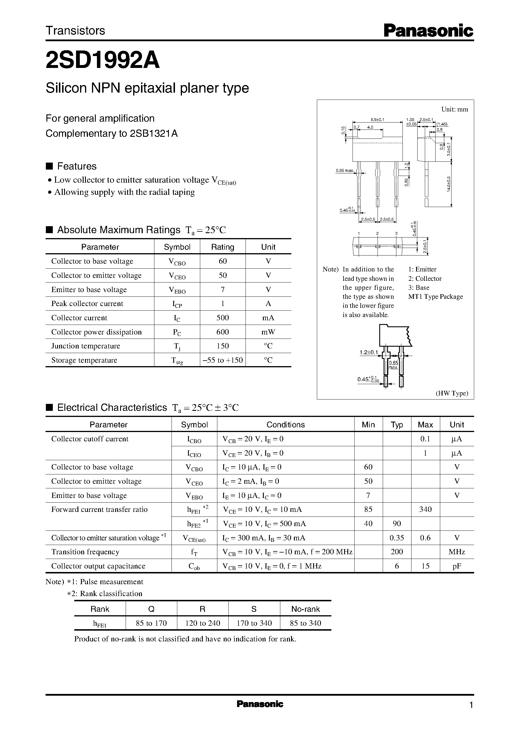 Datasheet 2SD1992A - Silicon NPN epitaxial planer type page 1