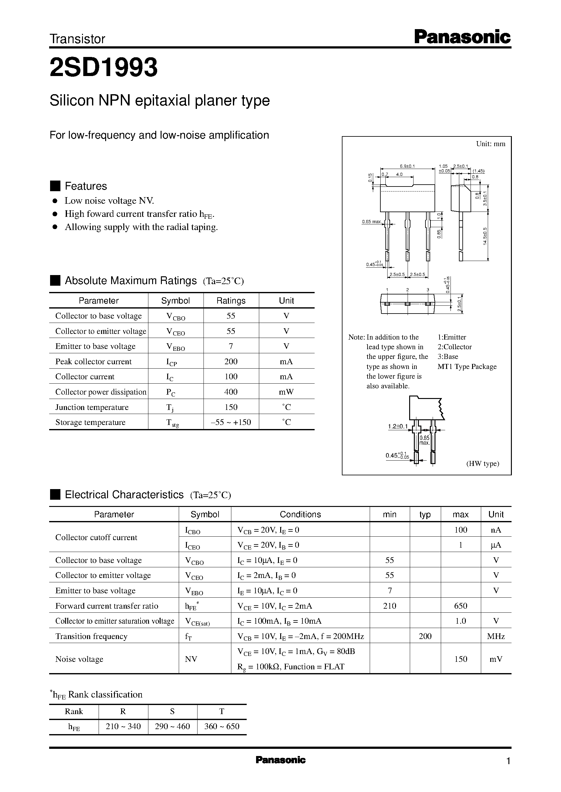 Datasheet 2SD1993 - Silicon NPN epitaxial planer type(For low-frequency and low-noise amplification) page 1