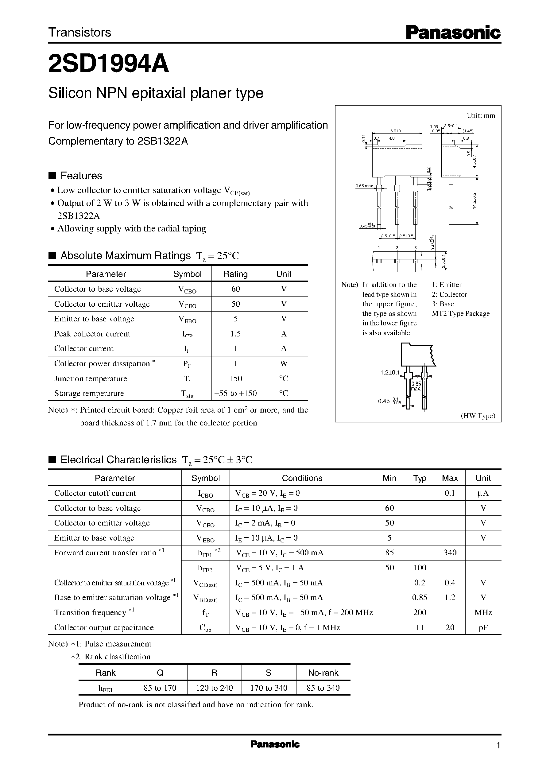 Datasheet 2SD1994A page 1 Datasheet 2SD1994A - Silicon NPN epitaxial planer type(For low-frequency power amplification and driver amplification) page 1