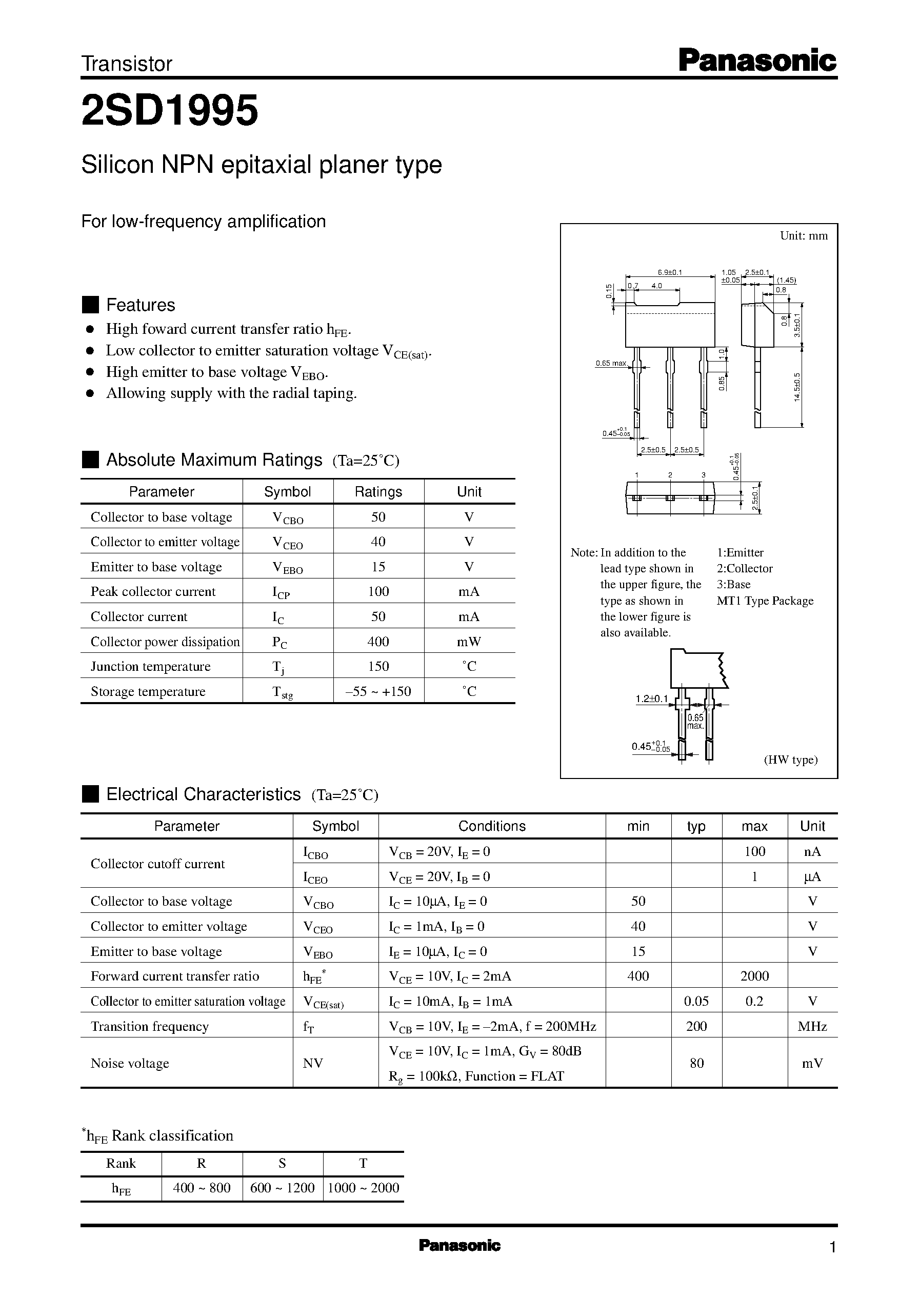 Datasheet 2SD1995 - Silicon NPN epitaxial planer type(For low-frequency amplification) page 1