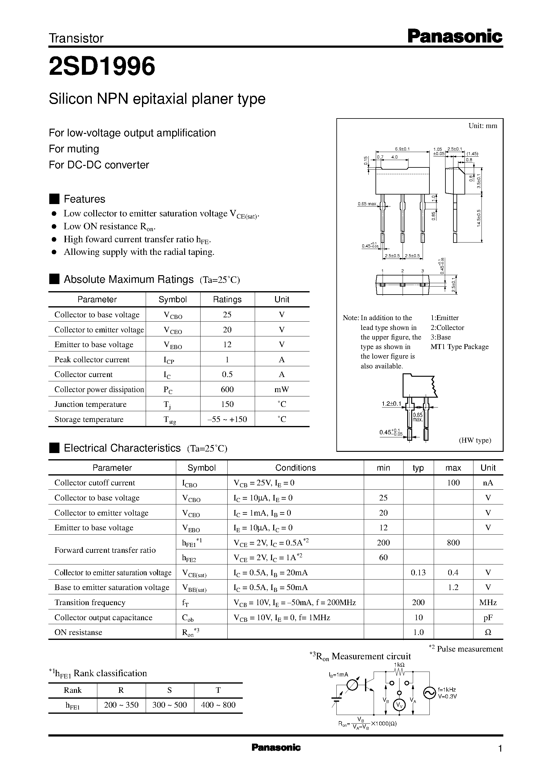 Datasheet 2SD1996 page 1 Datasheet 2SD1996 - Silicon PNP epitaxial planer type(For low-frequency power amplification) page 1