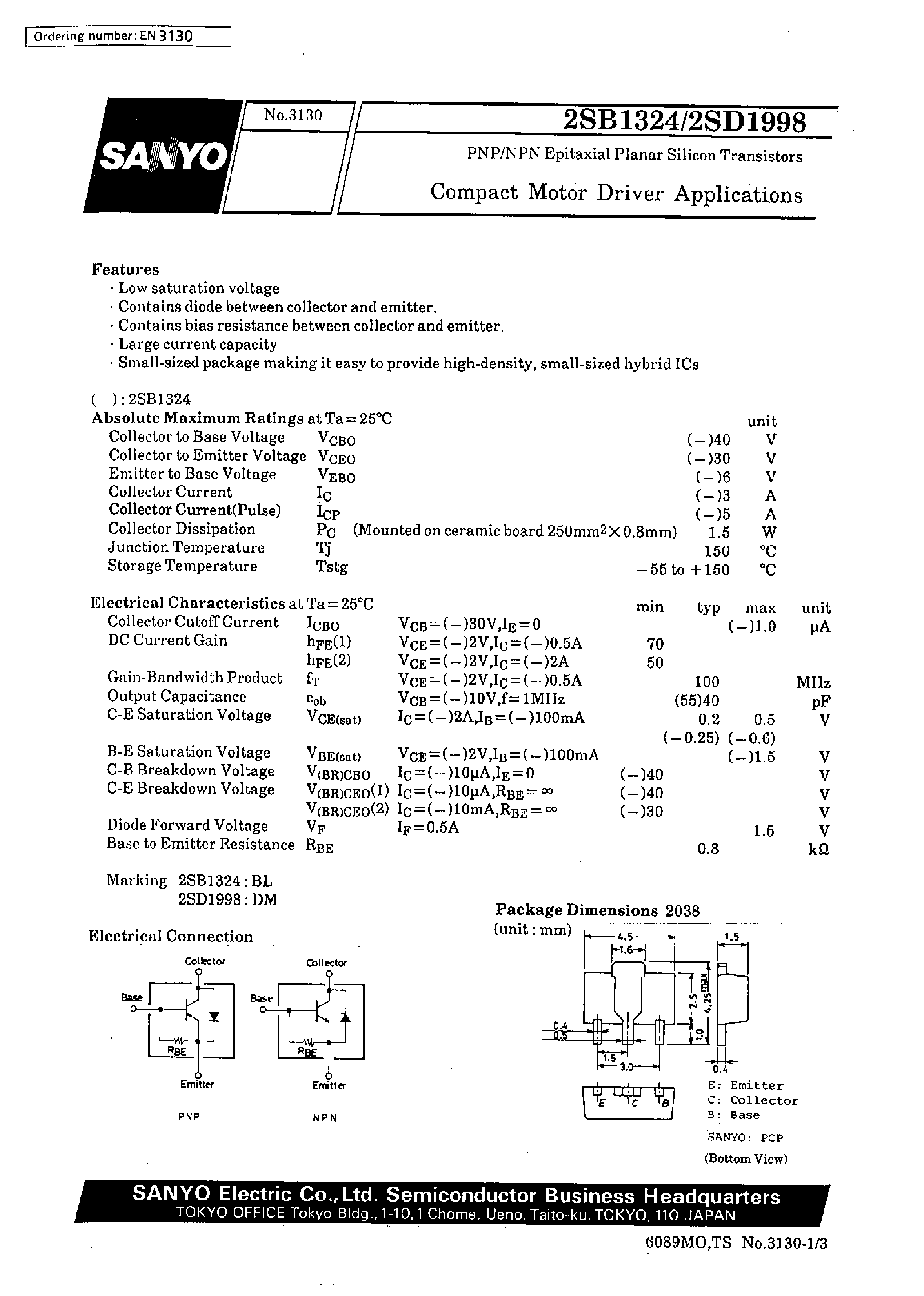 Datasheet 2SD1998 page 1 Datasheet 2SD1998 - Compact Motor Driver Applications page 1