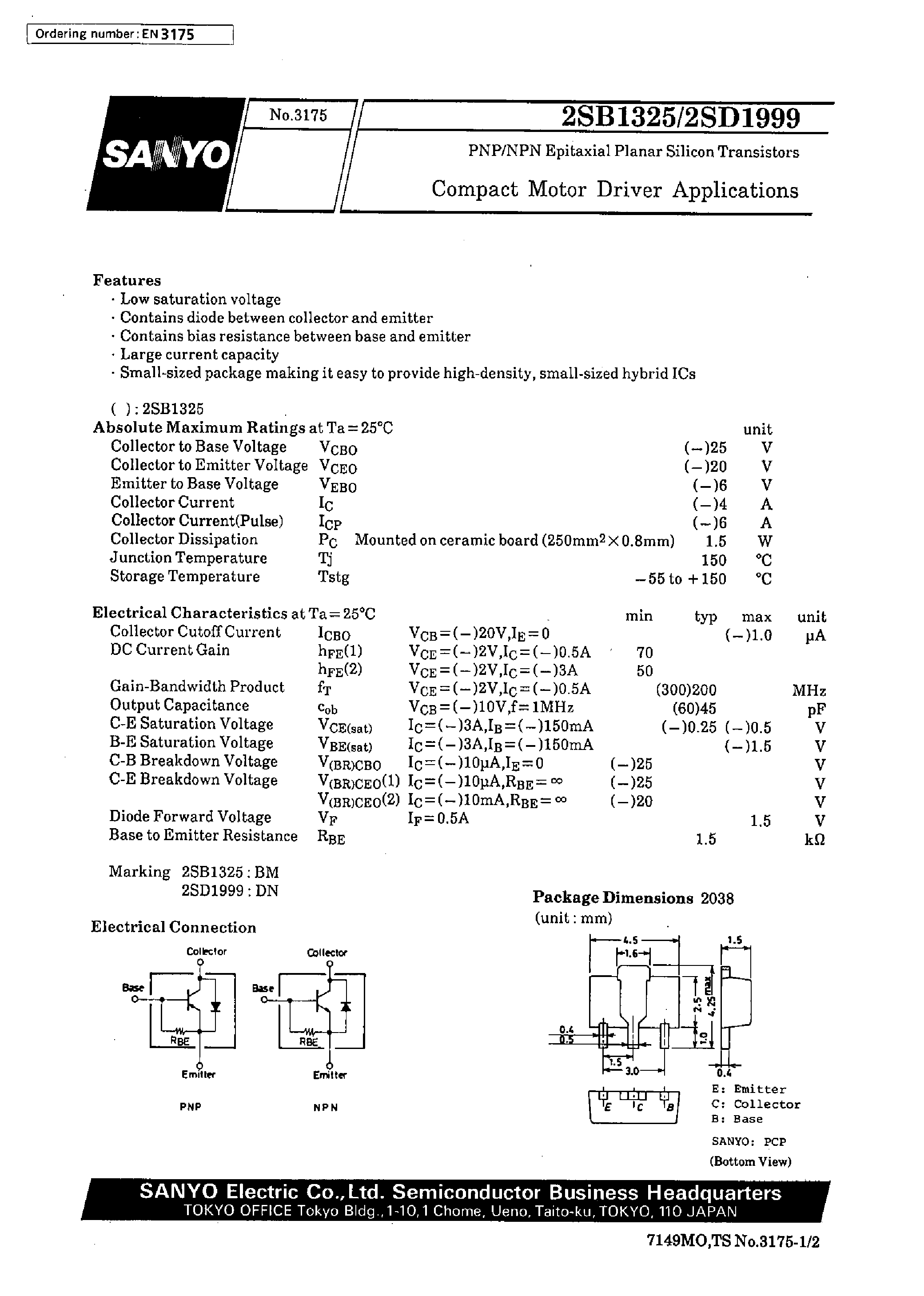 Datasheet 2SD1999 - Compact Motor Driver Applications page 1