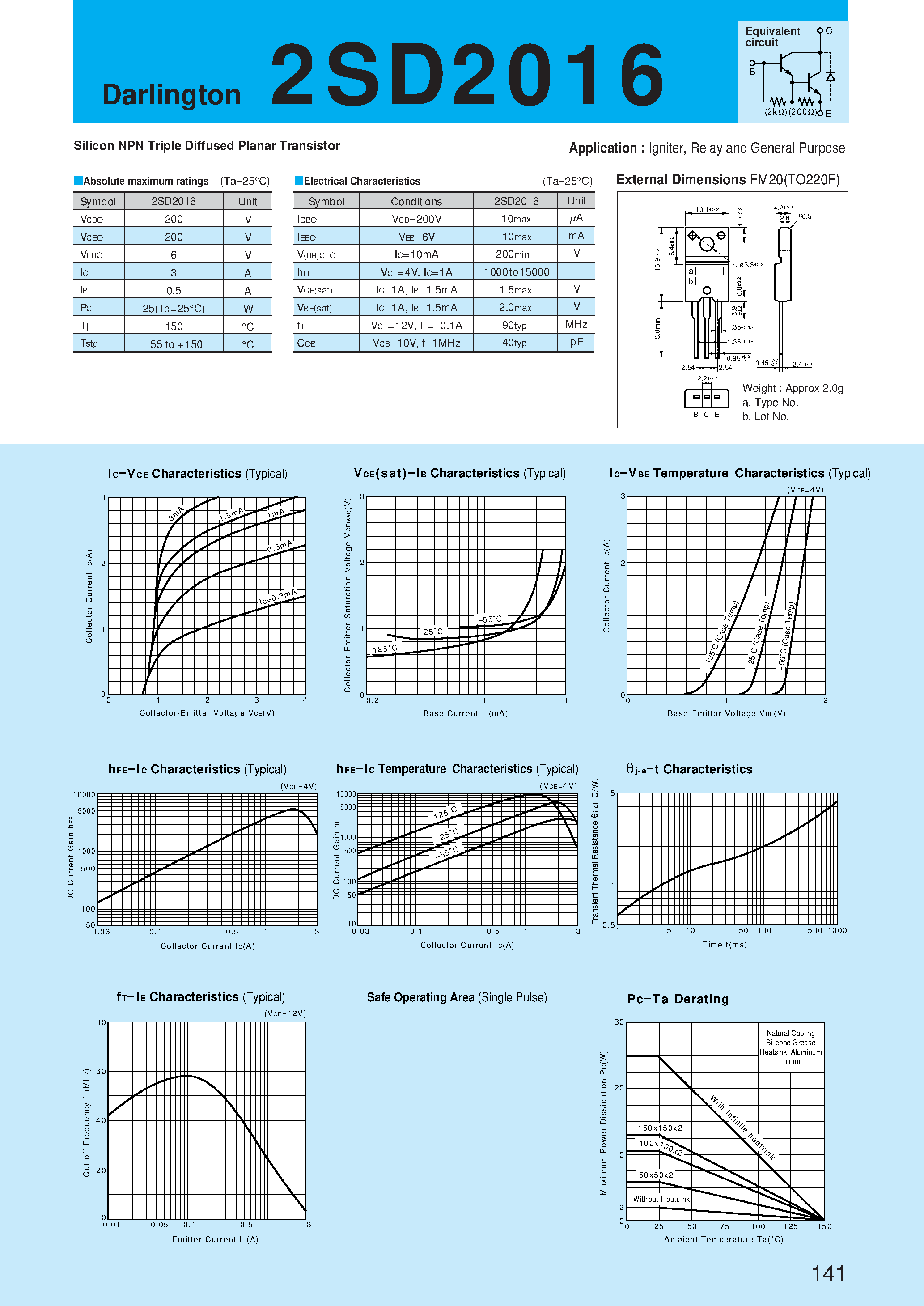 Даташит 2SD2016 - Silicon NPN Triple Diffused Planar Transistor(Igniter/ Relay and General Purpose) страница 1