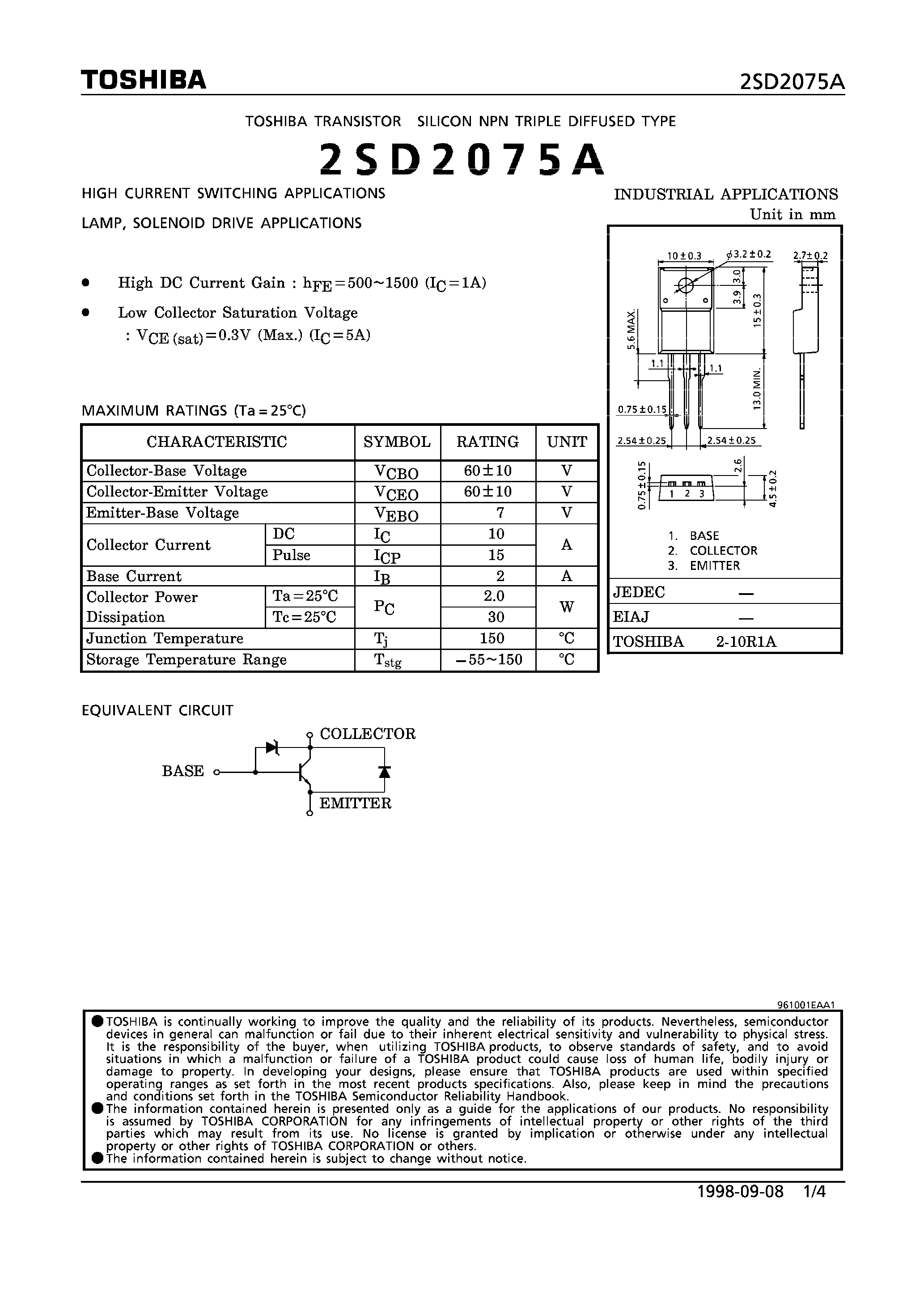 Даташит на микросхему 2SD2075A страница 1 Даташит 2SD2075A - NPN TRIPLE DIFFUSED TYPE (HIGH CURRENT SWITCHING/ LAMP/ SOLENOID DRIVE APPLICATIONS) страница 1