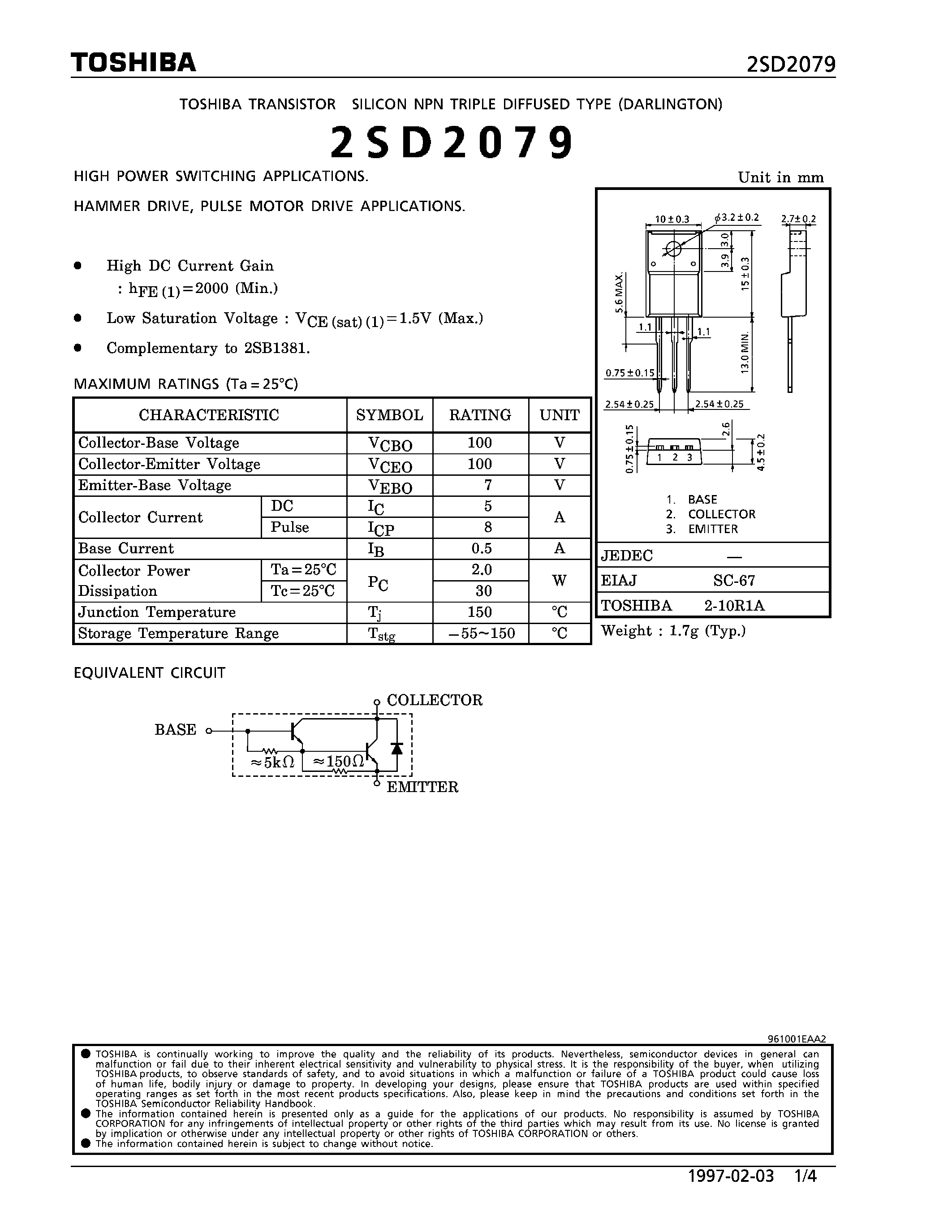 Даташит 2SD2079 - NPN TRIPLE DIFFUSED TYPE (HIGH POWER SWITCHING/ HAMMER DRIVE/ PULSE MOTOR DRIVE APPLICATIONS) страница 1