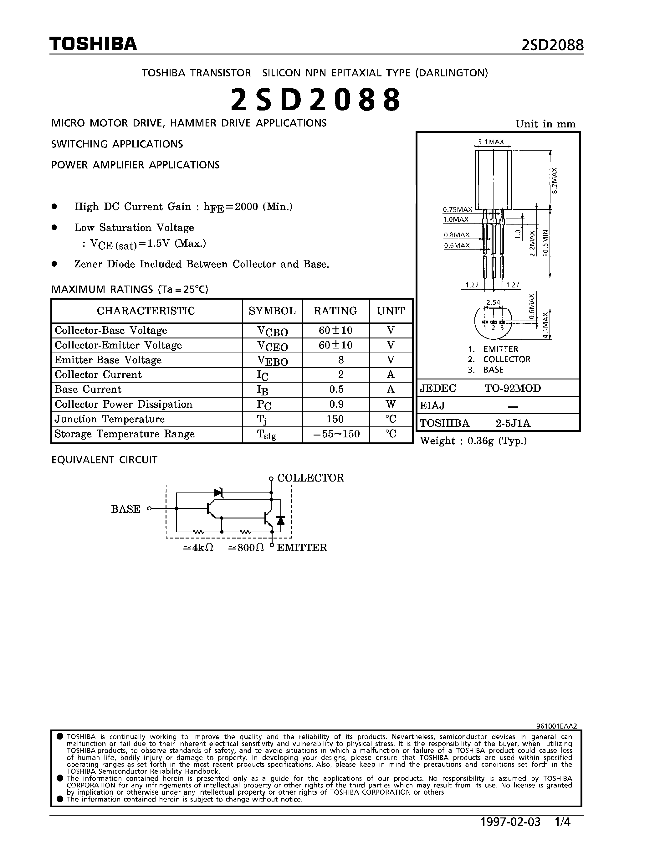 Даташит на микросхему 2SD2088 страница 1 Даташит 2SD2088 - NPN EPITAXIAL TYPE (MICRO MOTOR DRIVE/ HAMMER DRIVE/ SWITCHING/ POWER AMPLIFIER APPLICATIONS) страница 1