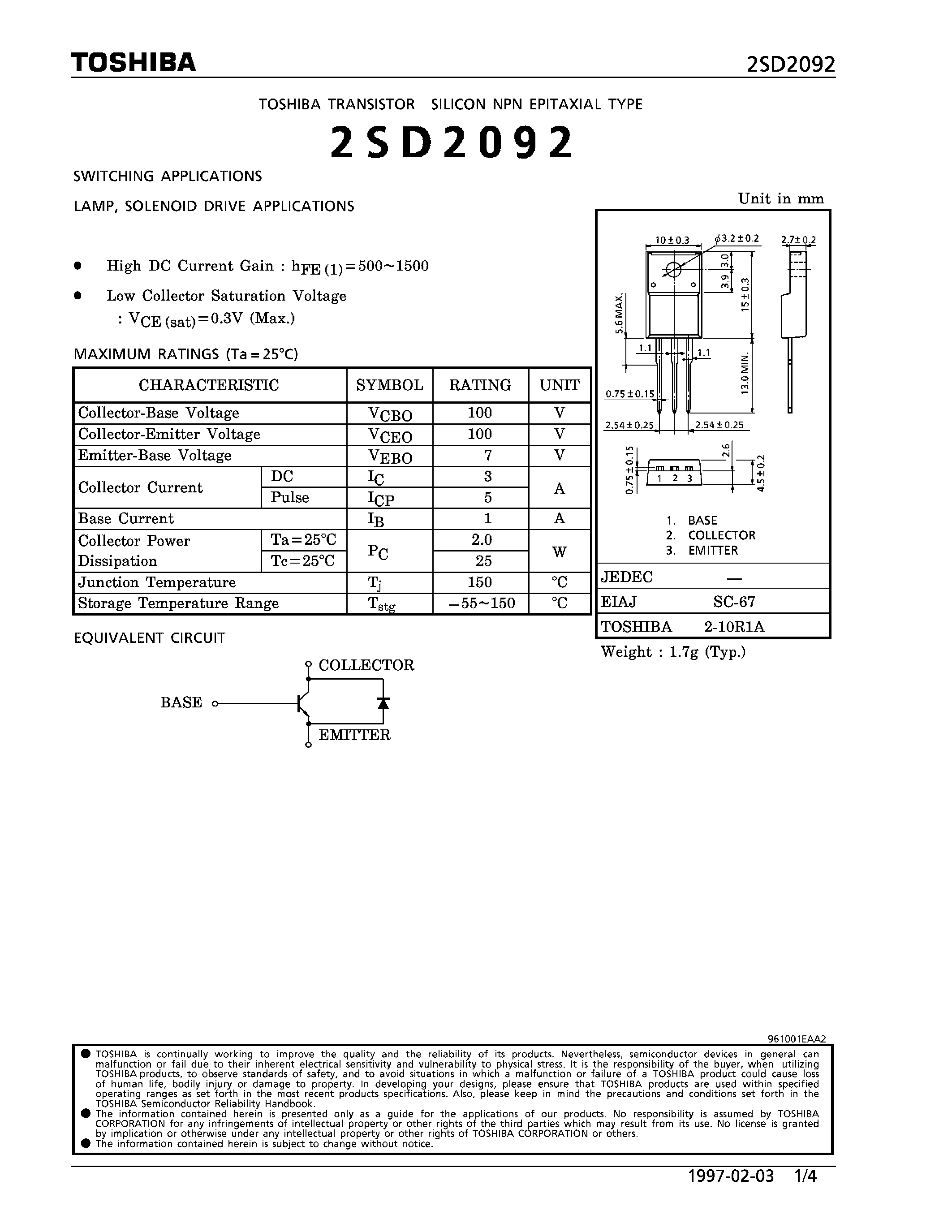 Даташит 2SD2092 - NPN EPITAXIAL TYPE (SWITCHING/ LAMP/ SOLENOID DRIVE APPLICATIONS) страница 1