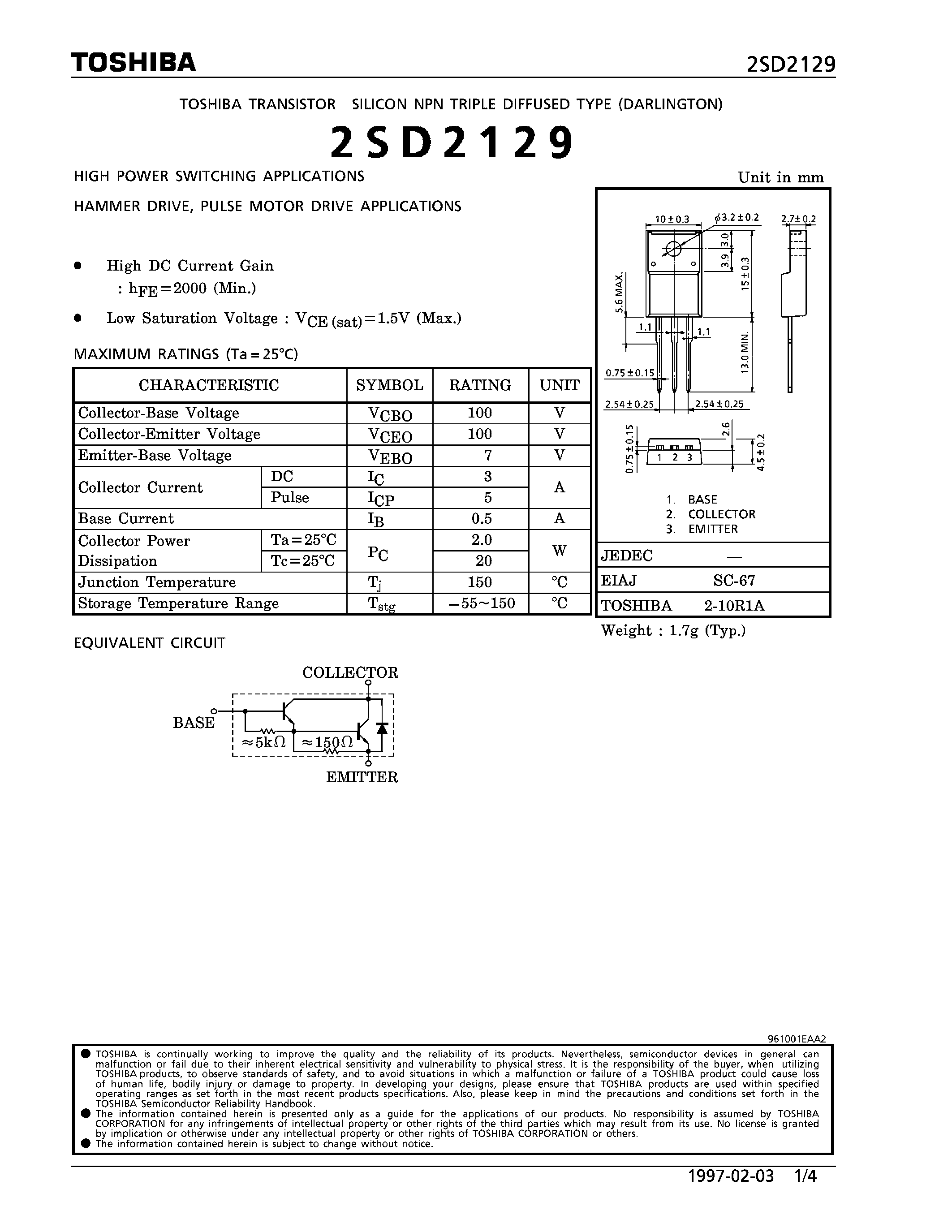 Даташит на микросхему 2SD2129 страница 1 Даташит 2SD2129 - NPN TRIPLE DIFFUSE TYPE (HIGH POWER SWITCHING/ HAMMER DRIVE/ PULSE MOTOR DRIVER APPLICATIONS) страница 1