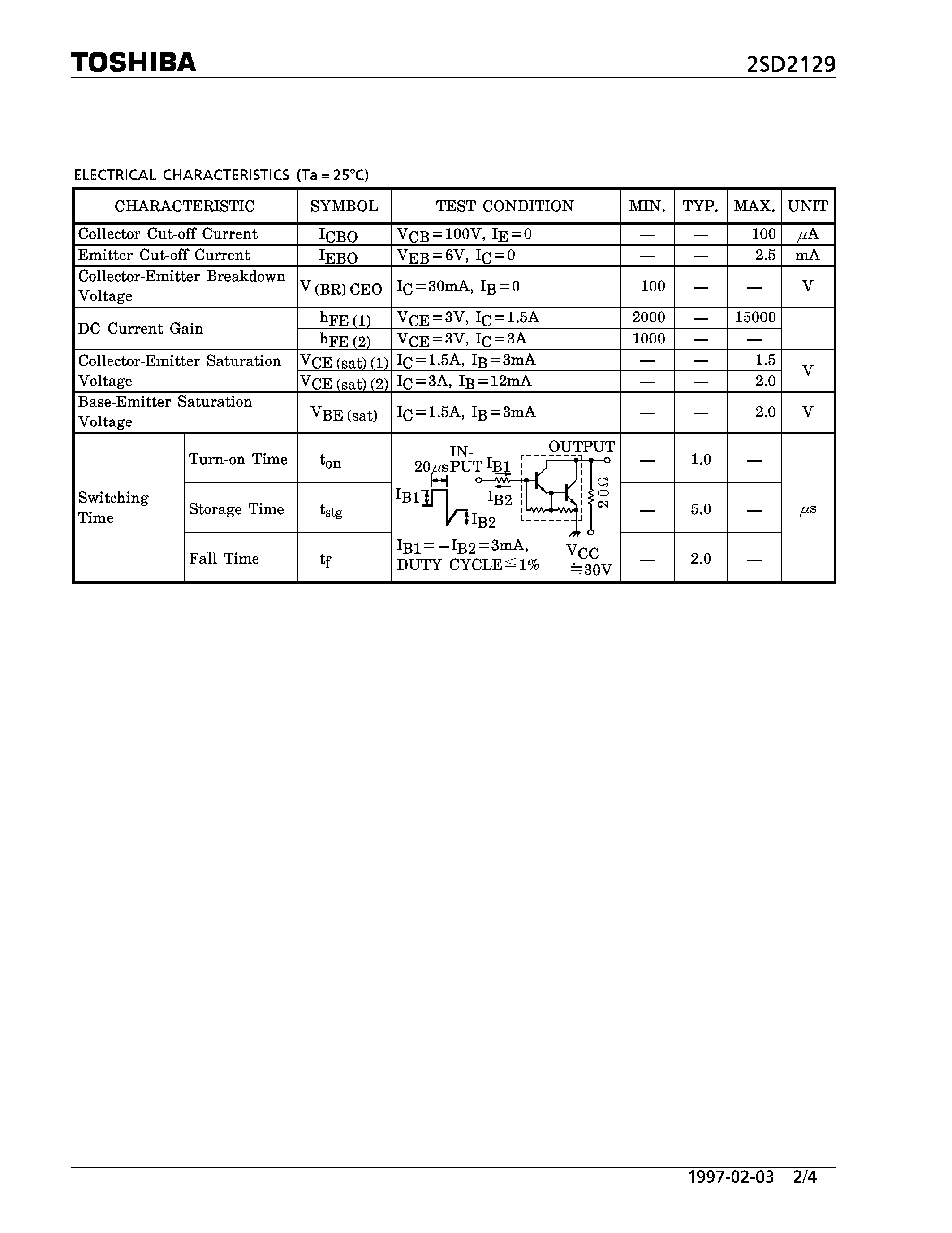 Даташит на микросхему 2SD2129 страница 2 Даташит 2SD2129 - NPN TRIPLE DIFFUSE TYPE (HIGH POWER SWITCHING/ HAMMER DRIVE/ PULSE MOTOR DRIVER APPLICATIONS) страница 2
