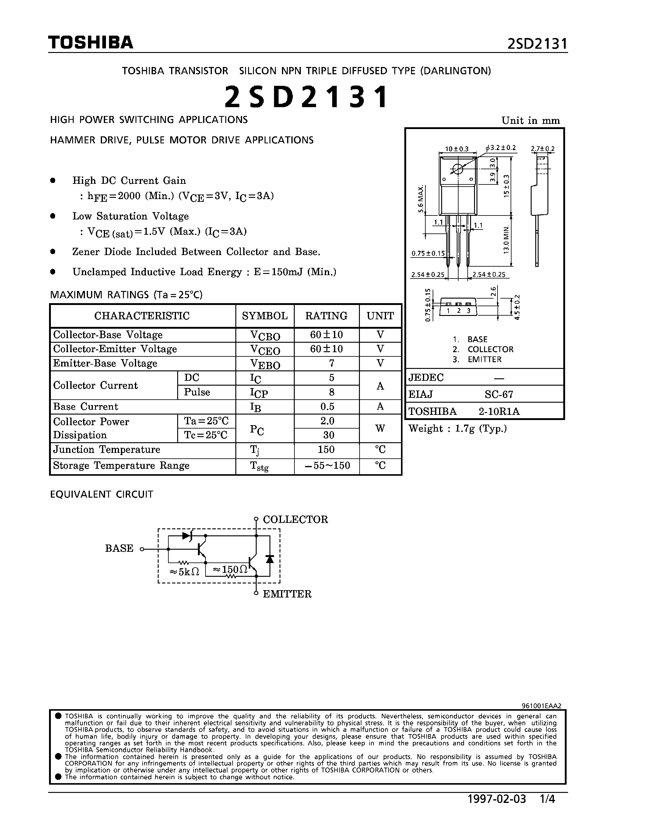 Даташит 2SD2131 - NPN TRIPLE DIFFUSED TYPE (HIGH POWER SWITCHING/ HAMMER DRIVE/ PULSE MOTOR DRIVE APPLICATIONS) страница 1