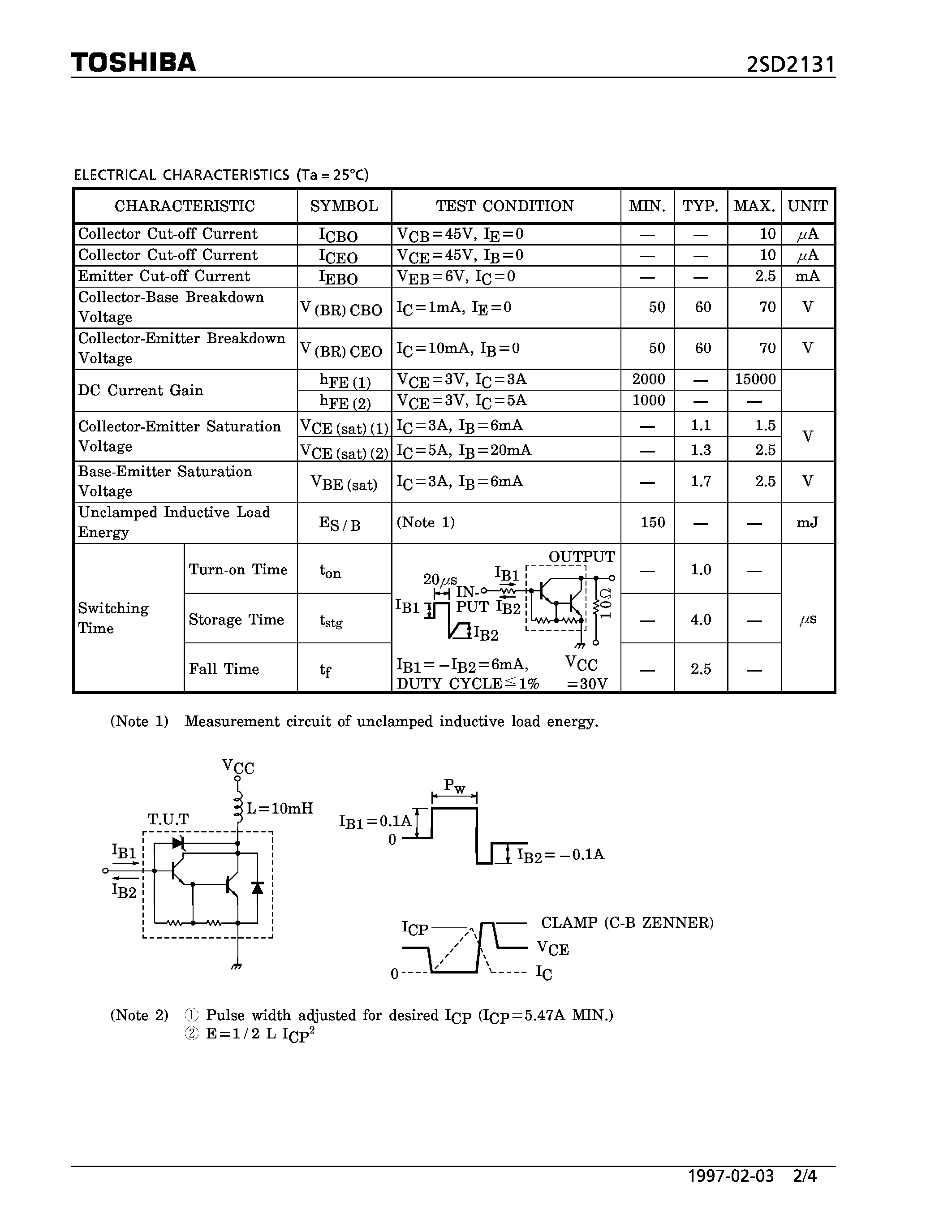 Даташит 2SD2131 - NPN TRIPLE DIFFUSED TYPE (HIGH POWER SWITCHING/ HAMMER DRIVE/ PULSE MOTOR DRIVE APPLICATIONS) страница 2
