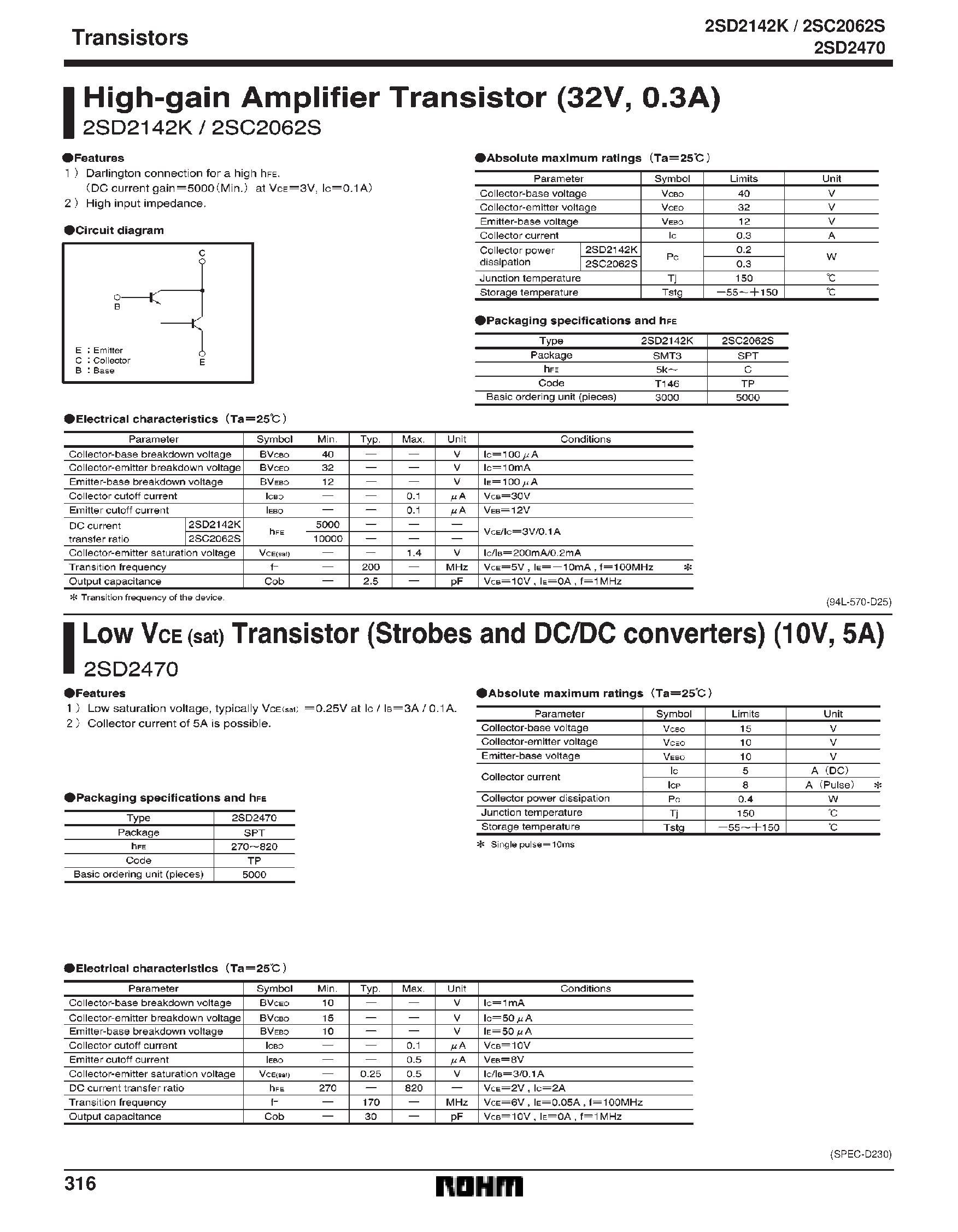 Datasheet 2SD2142K - High-gain Amplifier Transistor (32V/ 0.3A) page 1