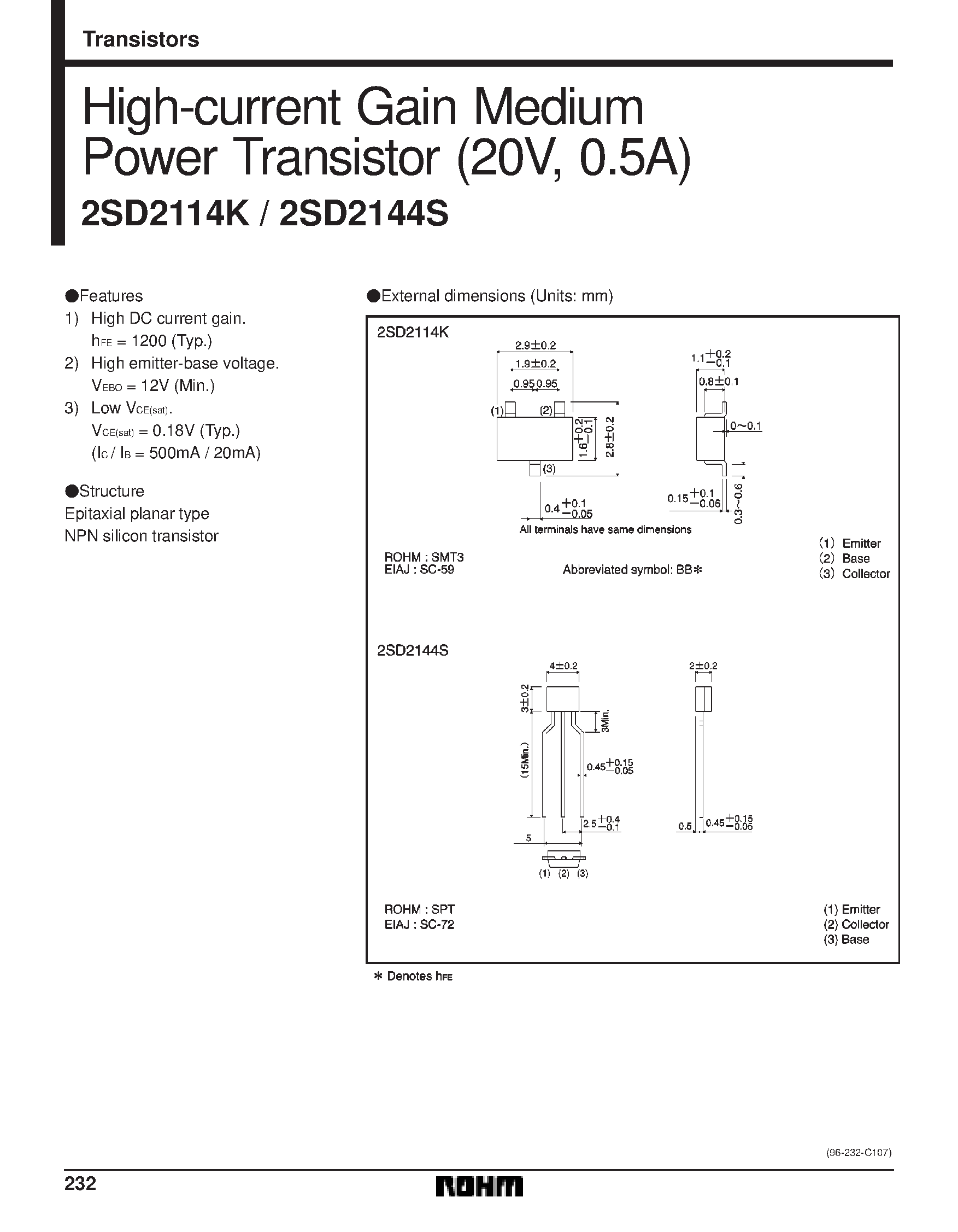 Datasheet 2SD2144 - High-current Gain MediumPower Transistor (20V/ 0.5A) page 1