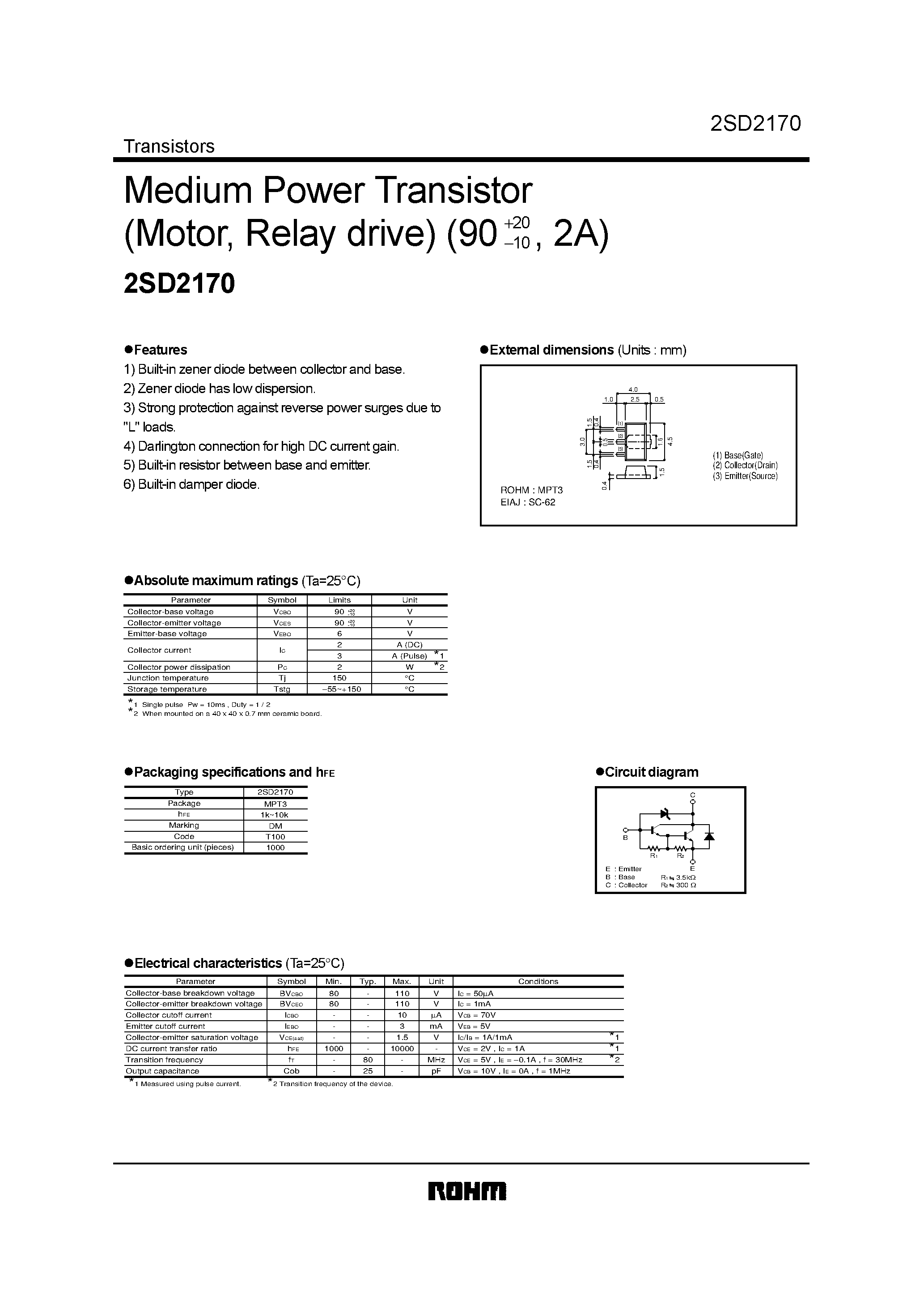 Datasheet 2SD2170 - Medium Power Transistor(Motor/ Relay drive) (90 / 2A) page 1