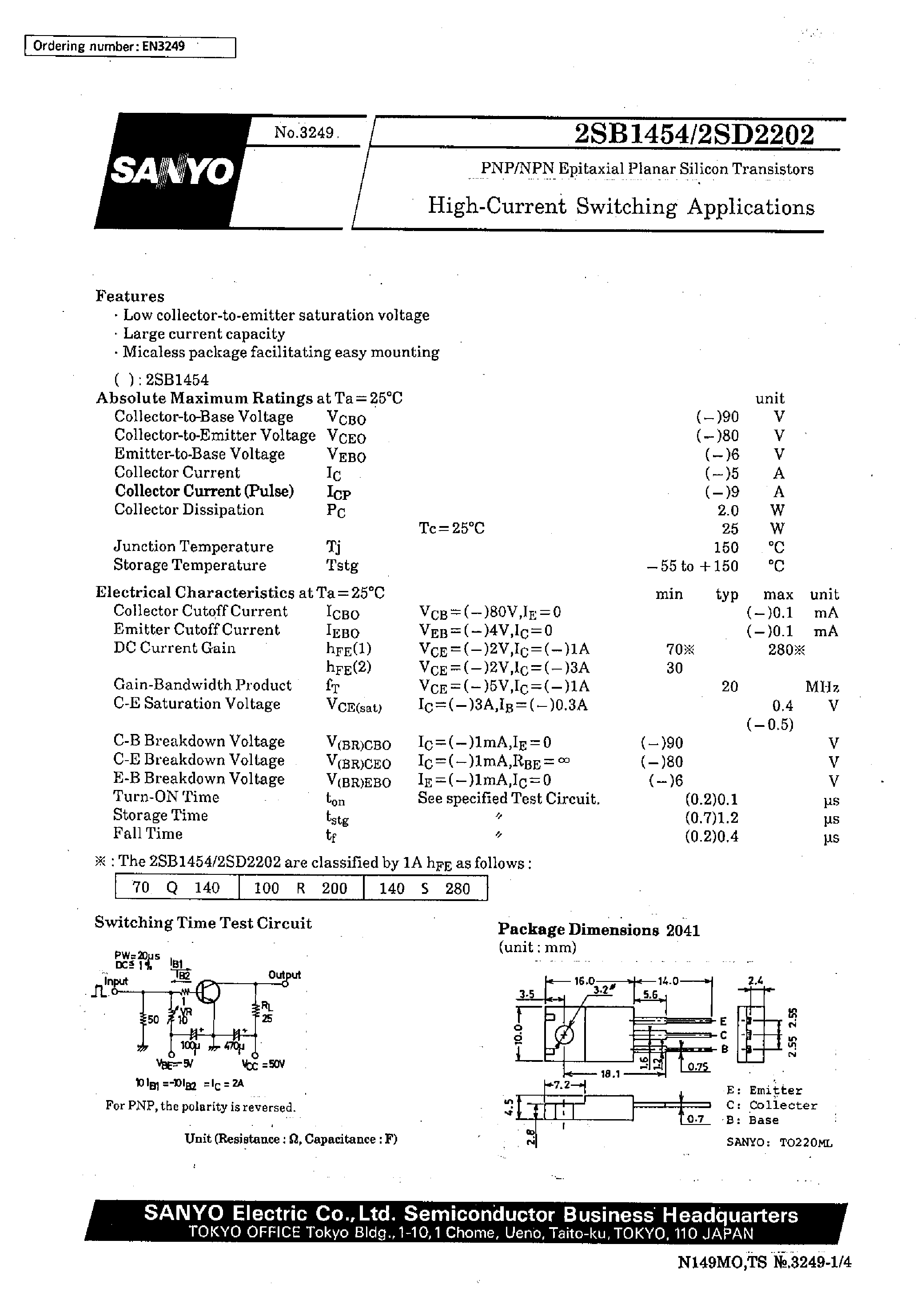 Даташит 2SD2202 - High-Current Switching Applications страница 1