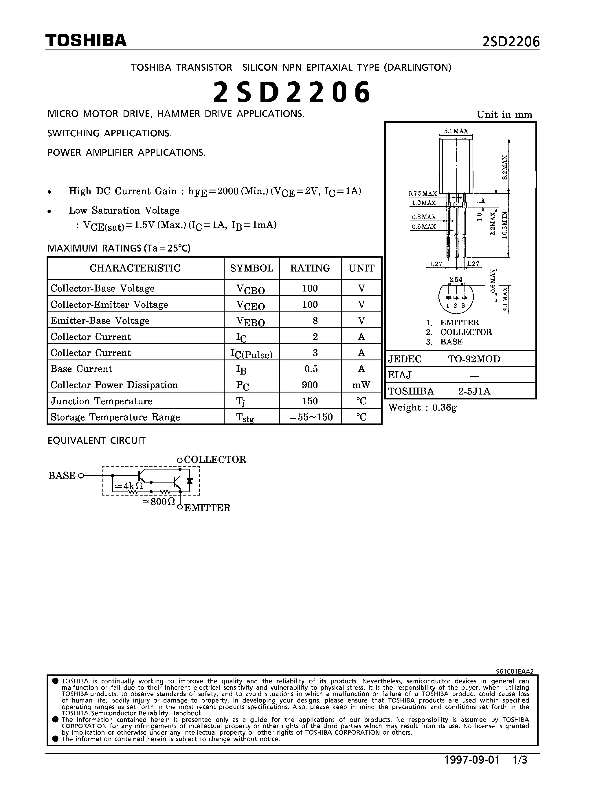 Даташит 2SD2206 - NPN EPITAXIAL TYPE (MICRO MOTOR DRIVE/ HAMMER DRIVE/ SWITCHING/ POWER AMPLIFIER APPLICATIONS) страница 1