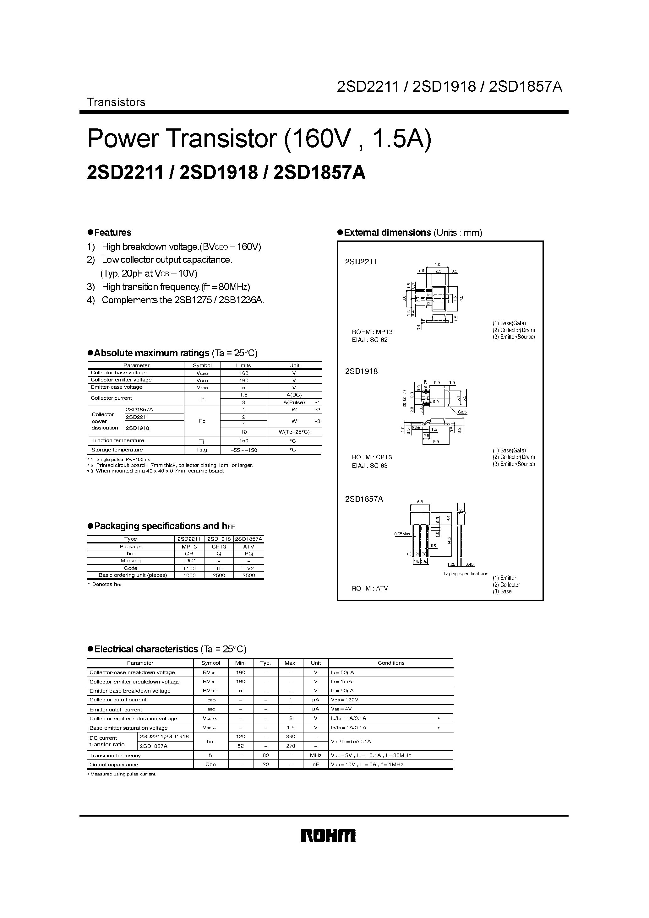Даташит 2SD2211 - Power Transistor (160V / 1.5A) страница 1