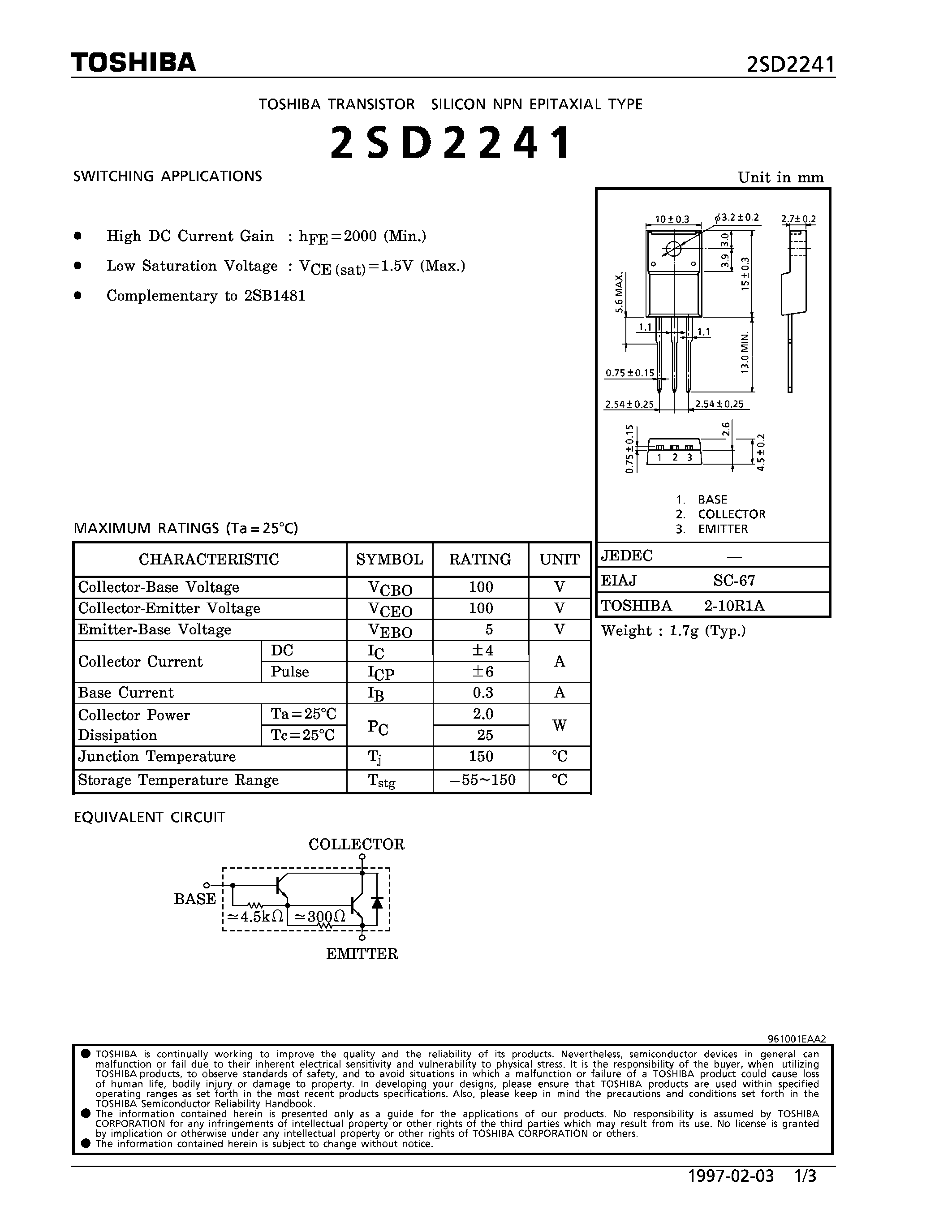 Даташит на микросхему 2SD2241 страница 1 Даташит 2SD2241 - NPN EPITAXIAL TYPE (SWITCHING APPLICATIONS) страница 1
