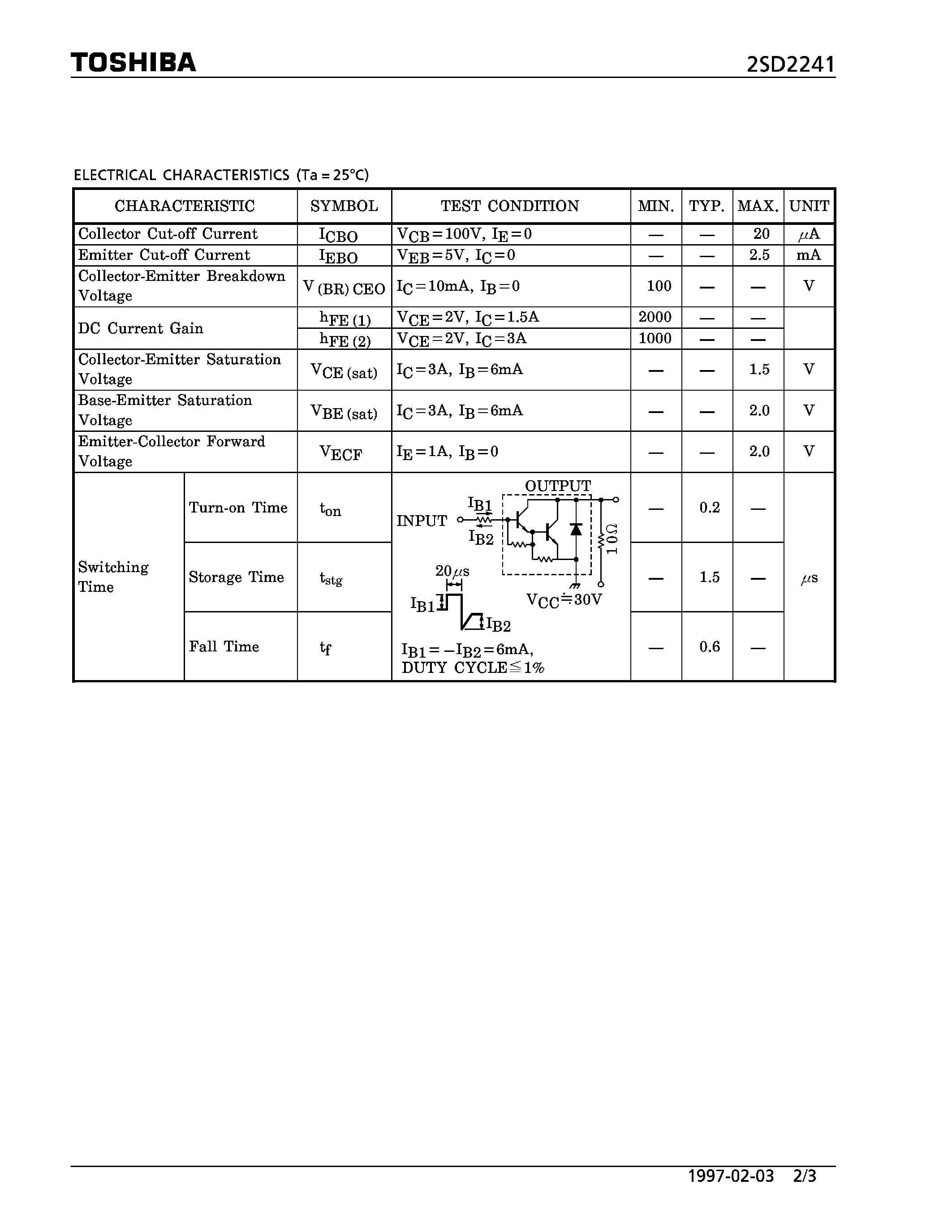 Даташит на микросхему 2SD2241 страница 2 Даташит 2SD2241 - NPN EPITAXIAL TYPE (SWITCHING APPLICATIONS) страница 2