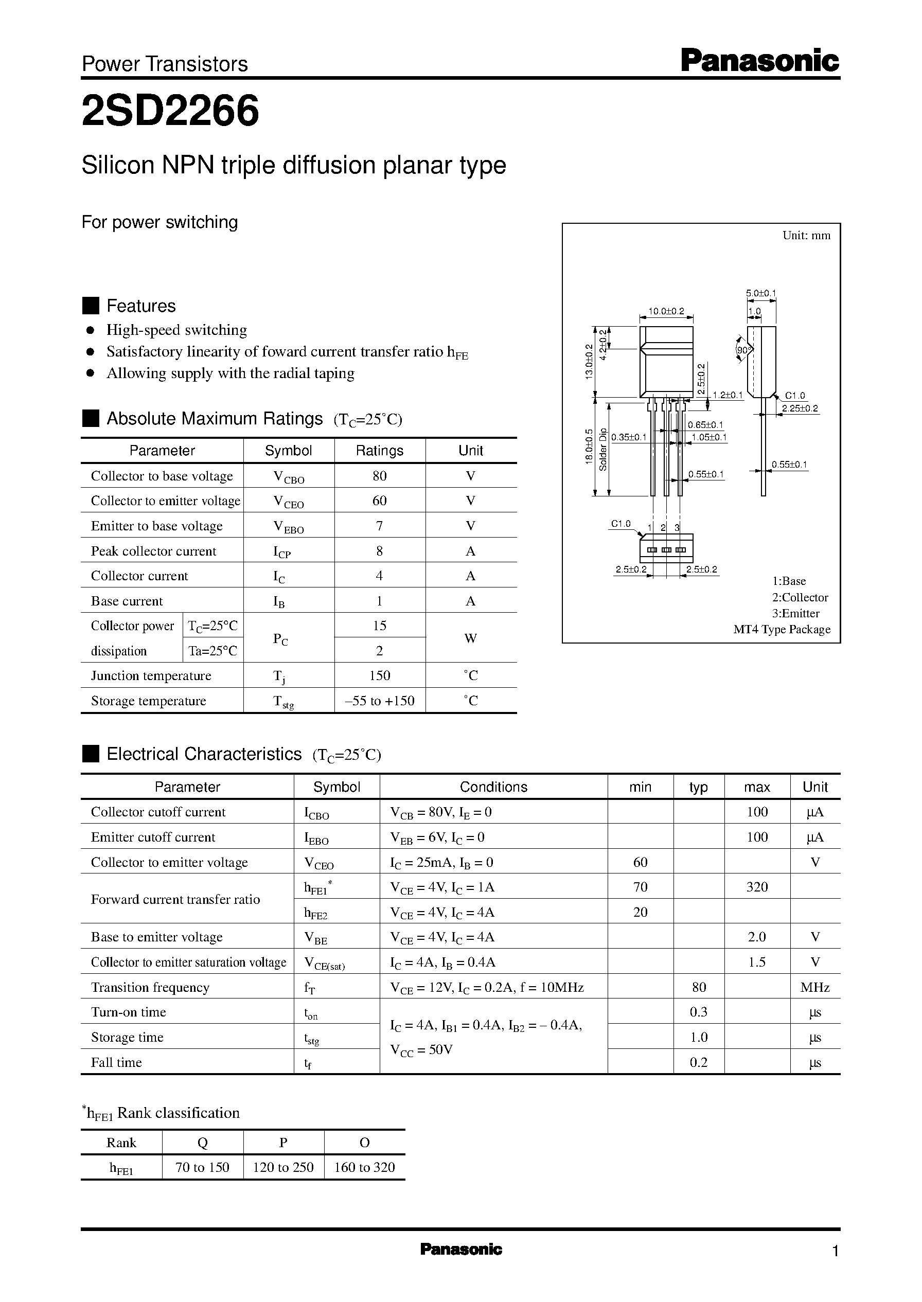 Даташит на микросхему 2SD2266 страница 1 Даташит 2SD2266 - Silicon NPN triple diffusion planar type(For power switching) страница 1
