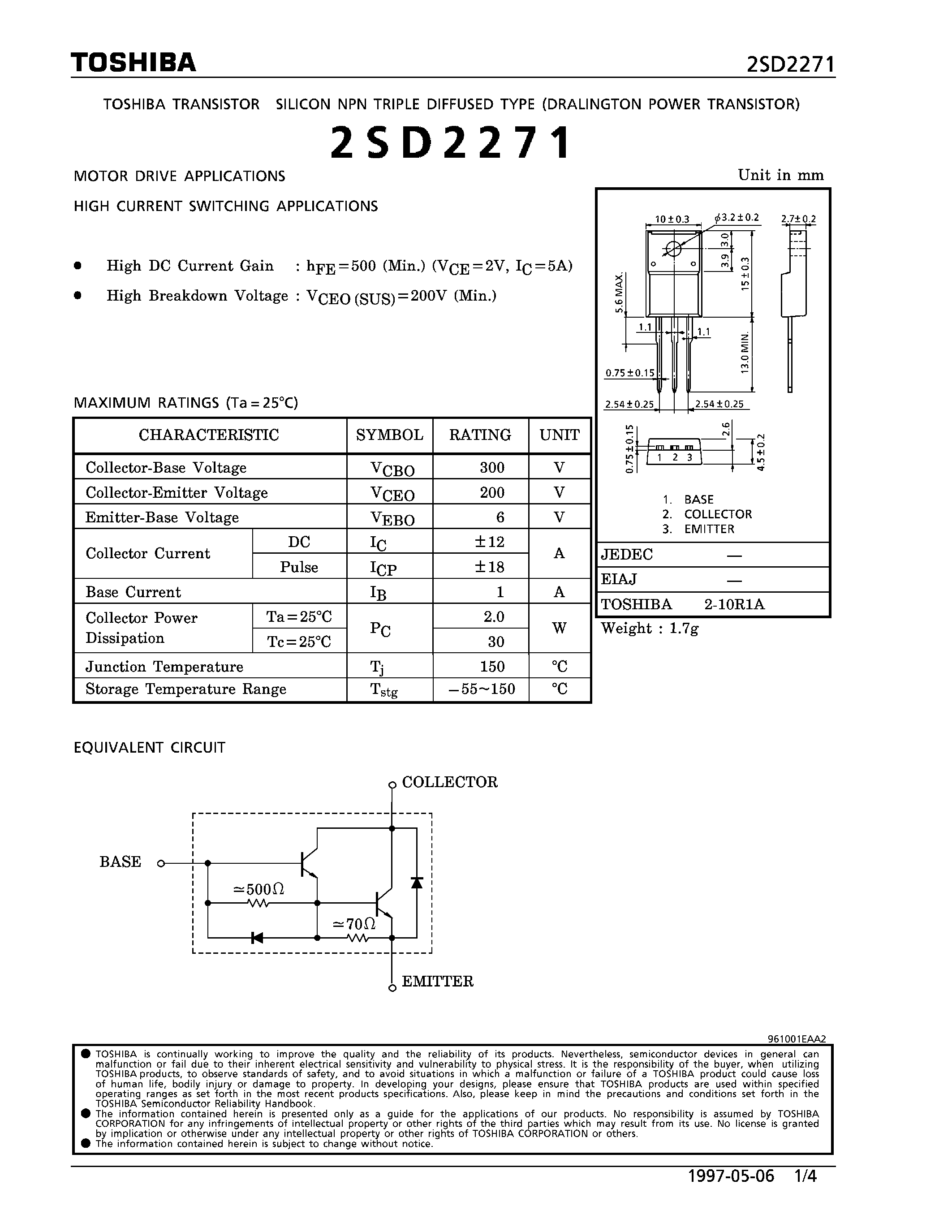 Даташит на микросхему 2SD2271 страница 1 Даташит 2SD2271 - NPN TRIPLE DIFFUSED TYPE (MOTOR DRIVER/ HIGH CURRENT SWITCHING APPLICATIONS) страница 1