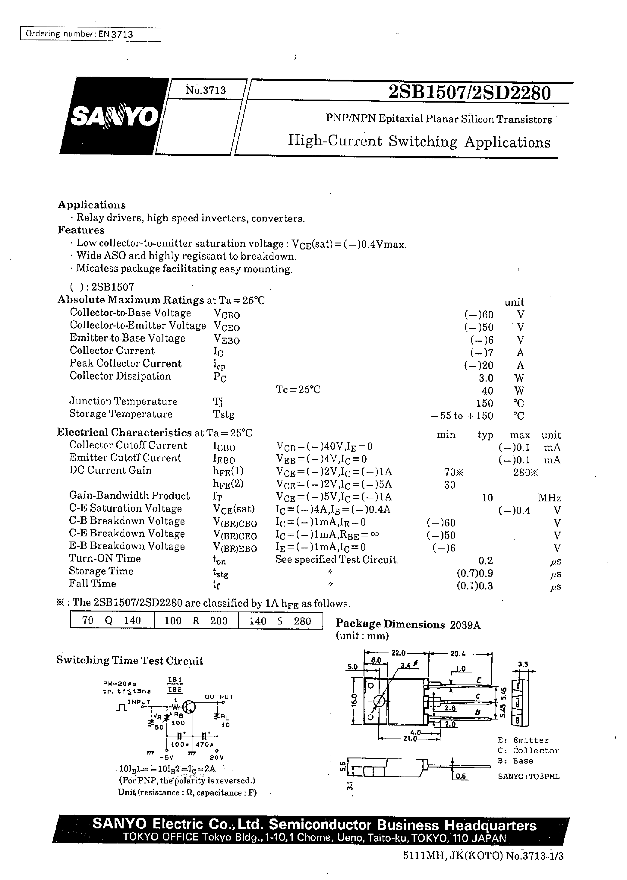 Даташит на микросхему 2SD2280 страница 1 Даташит 2SD2280 - High-Current Switching Applications страница 1