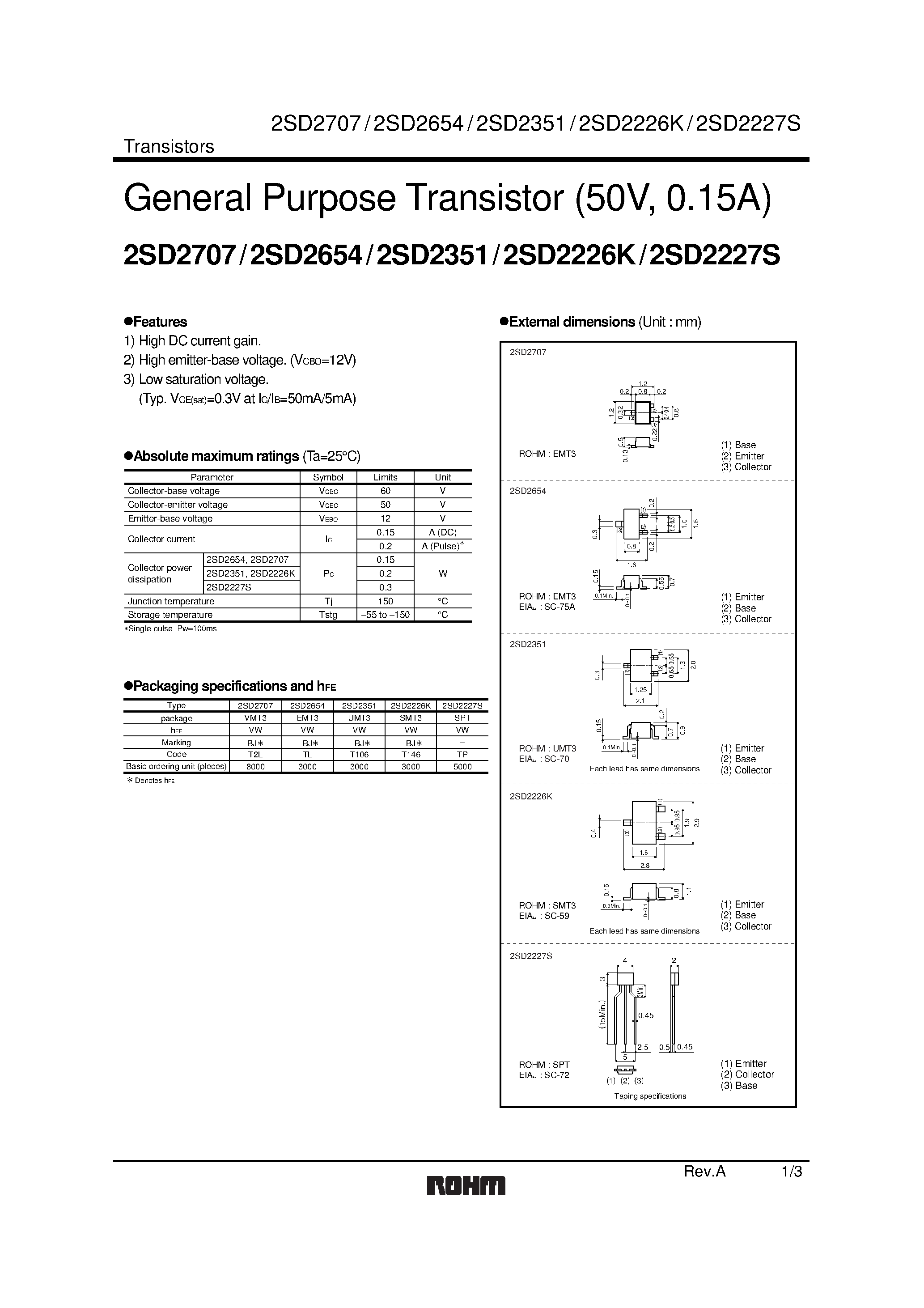 Datasheet 2SD2351 - General Purpose Transistor (50V/ 0.15A) page 1