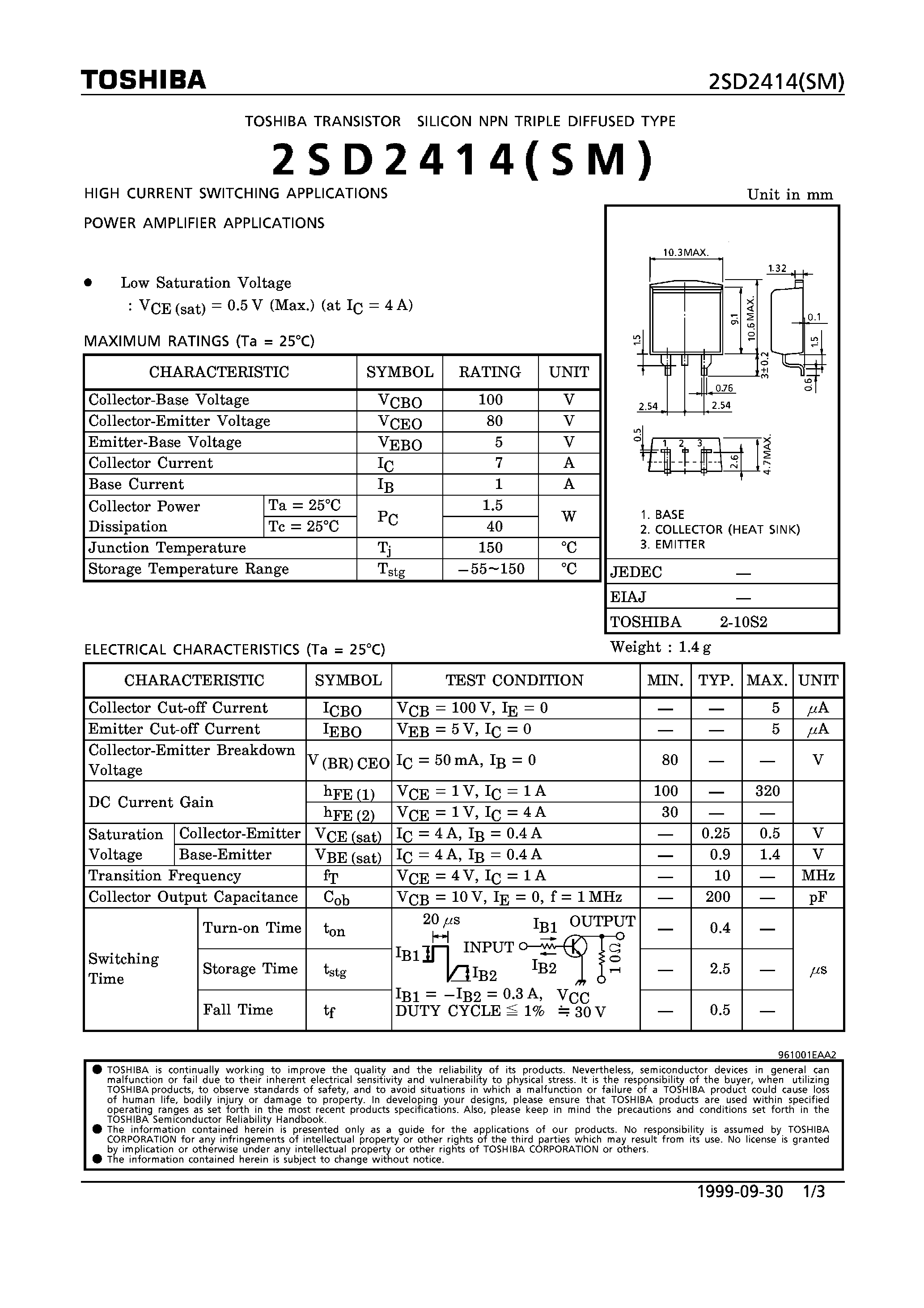 Даташит на микросхему 2SD2414 страница 1 Даташит 2SD2414 - NPN TRIPLE DIFFUSED TYPE (HIGH CURRENT SWITCHING/ POWER AMPLIFIER APPLICATIONS) страница 1