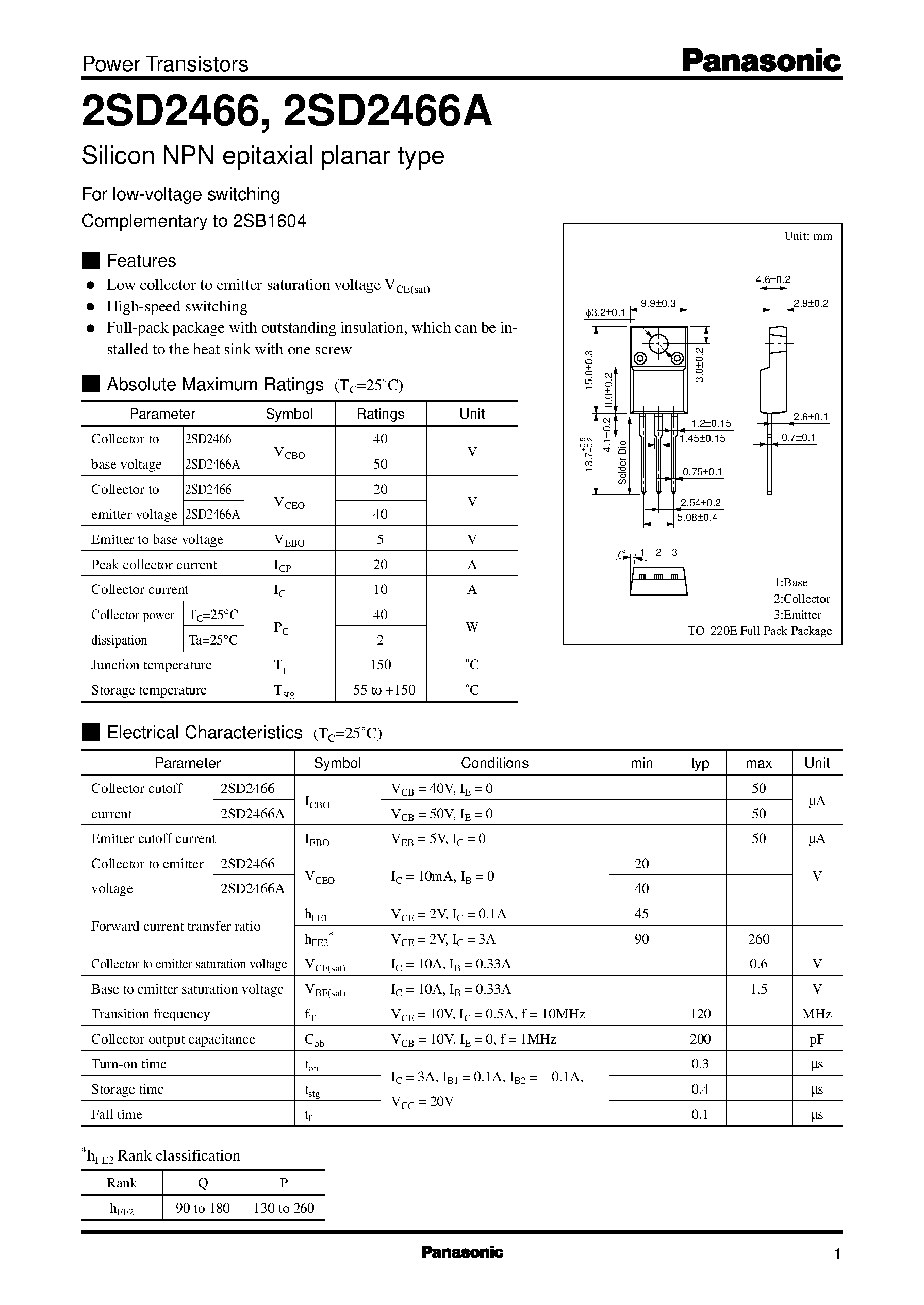 Даташит на микросхему 2SD2466A страница 1 Даташит 2SD2466A - Silicon NPN epitaxial planar type(For low-voltage switching) страница 1