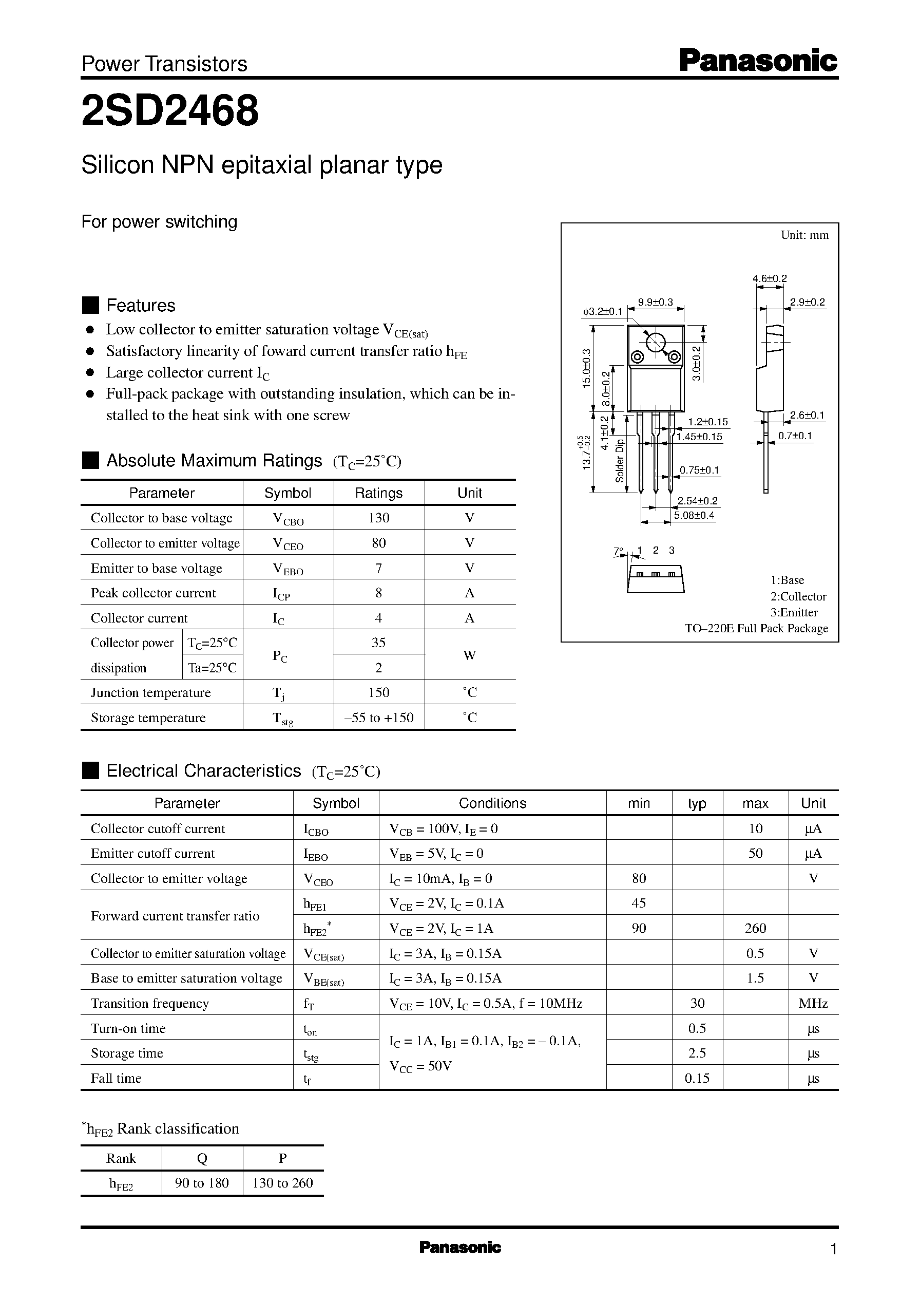 Даташит на микросхему 2SD2468 страница 1 Даташит 2SD2468 - Silicon NPN epitaxial planar type(For power switching) страница 1
