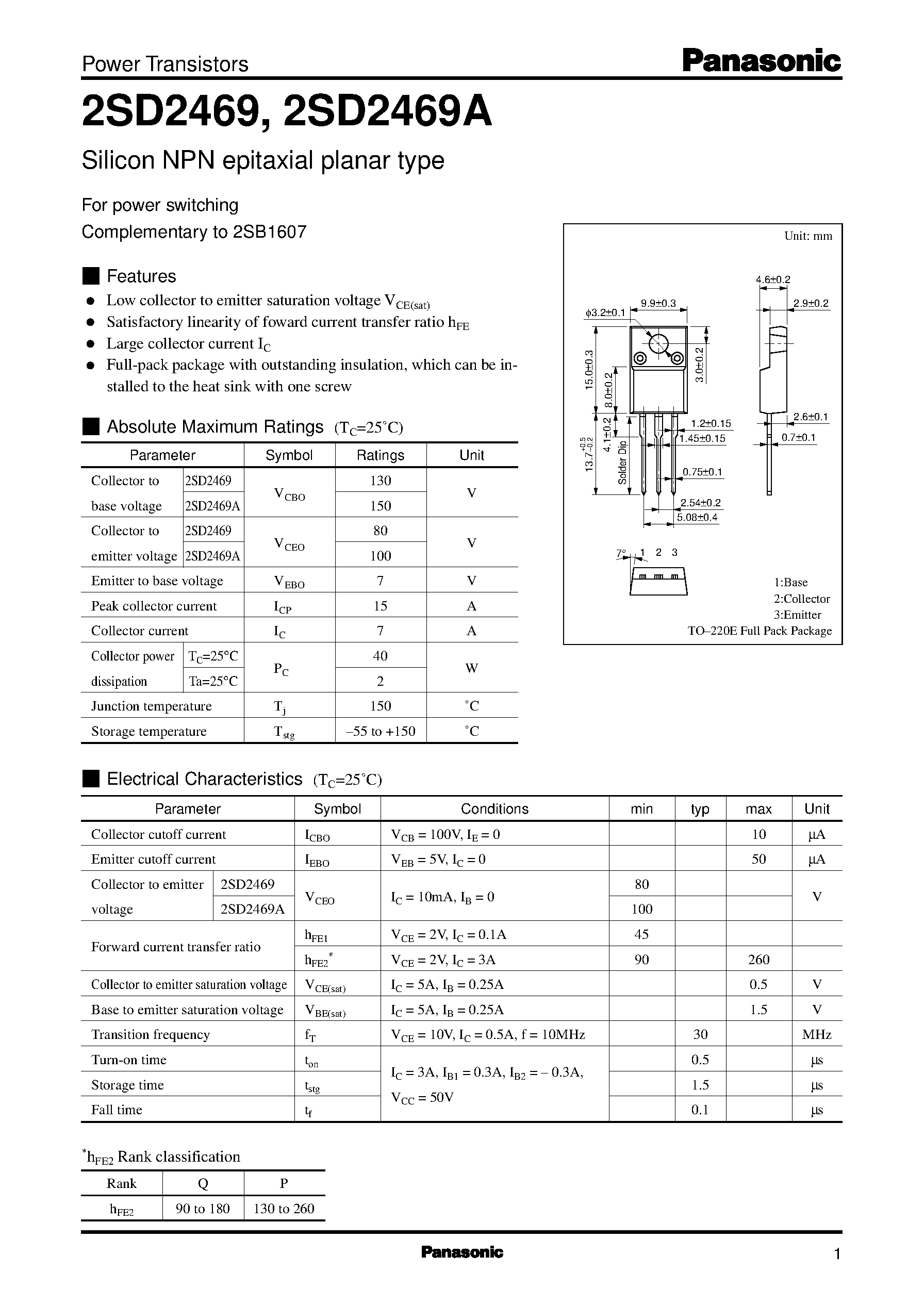 Даташит на микросхему 2SD2469 страница 1 Даташит 2SD2469 - Silicon PNP epitaxial planar type(For power switching) страница 1